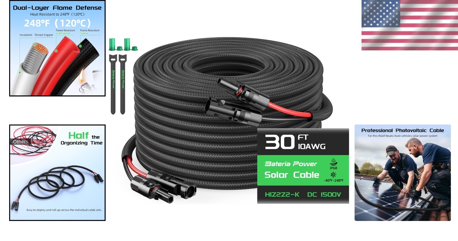Solar Extension Cable 10AWG 30FT Waterproof Connectors Flame Retardant Heavy …