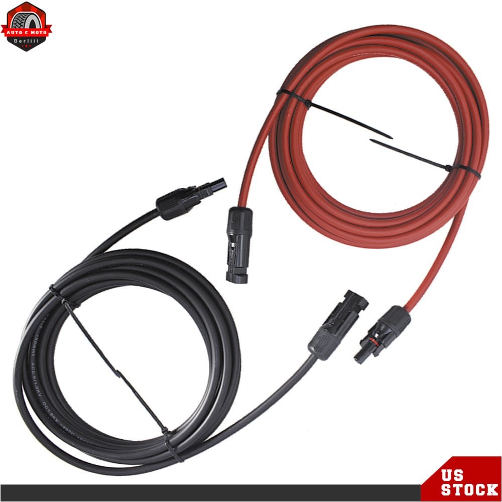 10 AWG 15 FT 1 Pair Black + Red Solar Panel Extension Cable Wire Connector