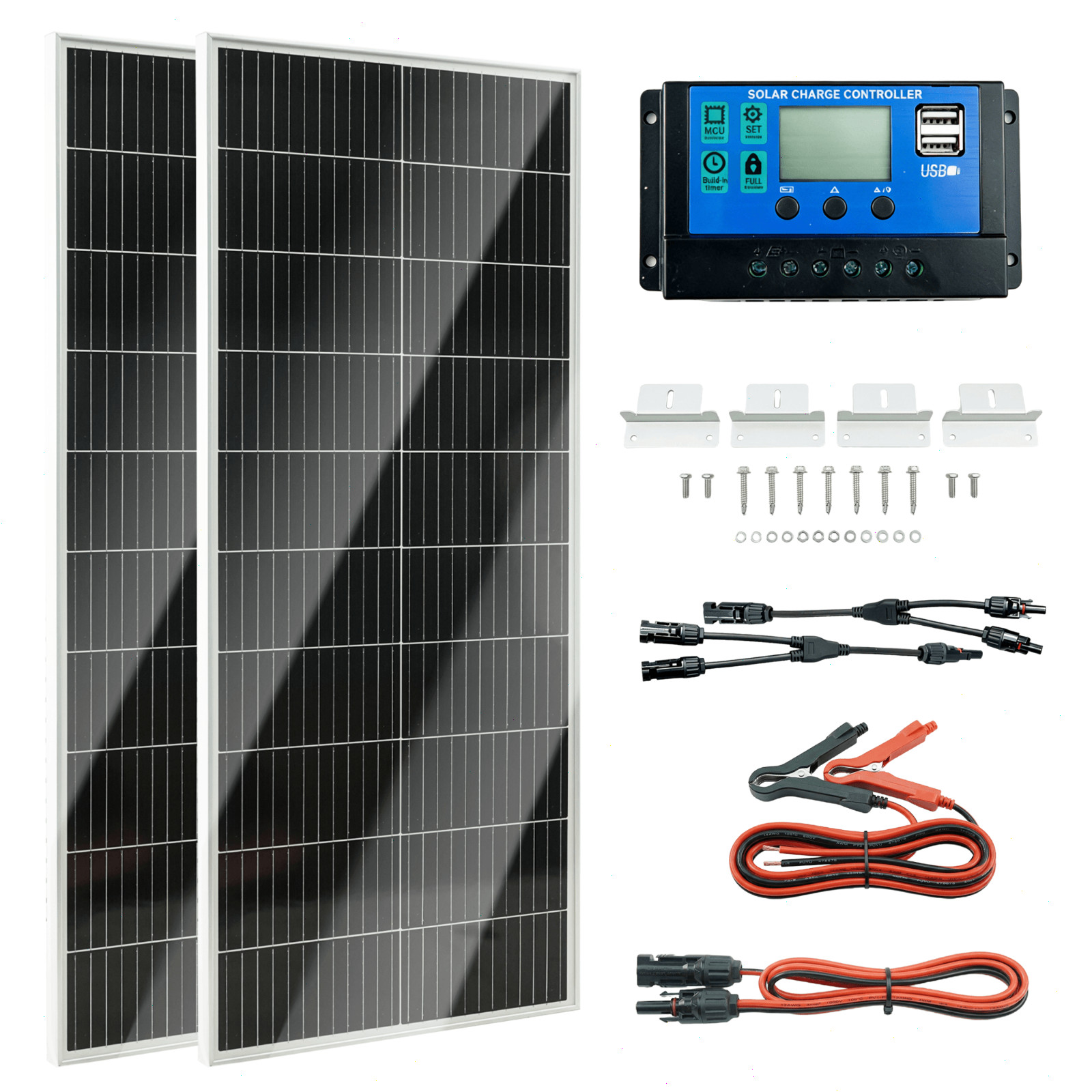 200W 12V/24V Monocrystalline Solar Panel Kit w/ 30A PWM Charge Controller