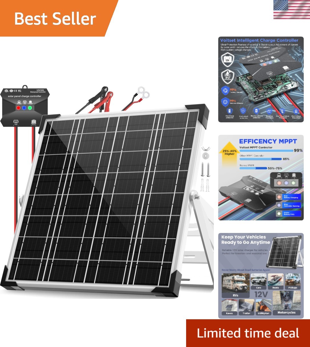 Compact 20W Solar Trickle Charger with Smart MPPT – Perfect for RV and Marine