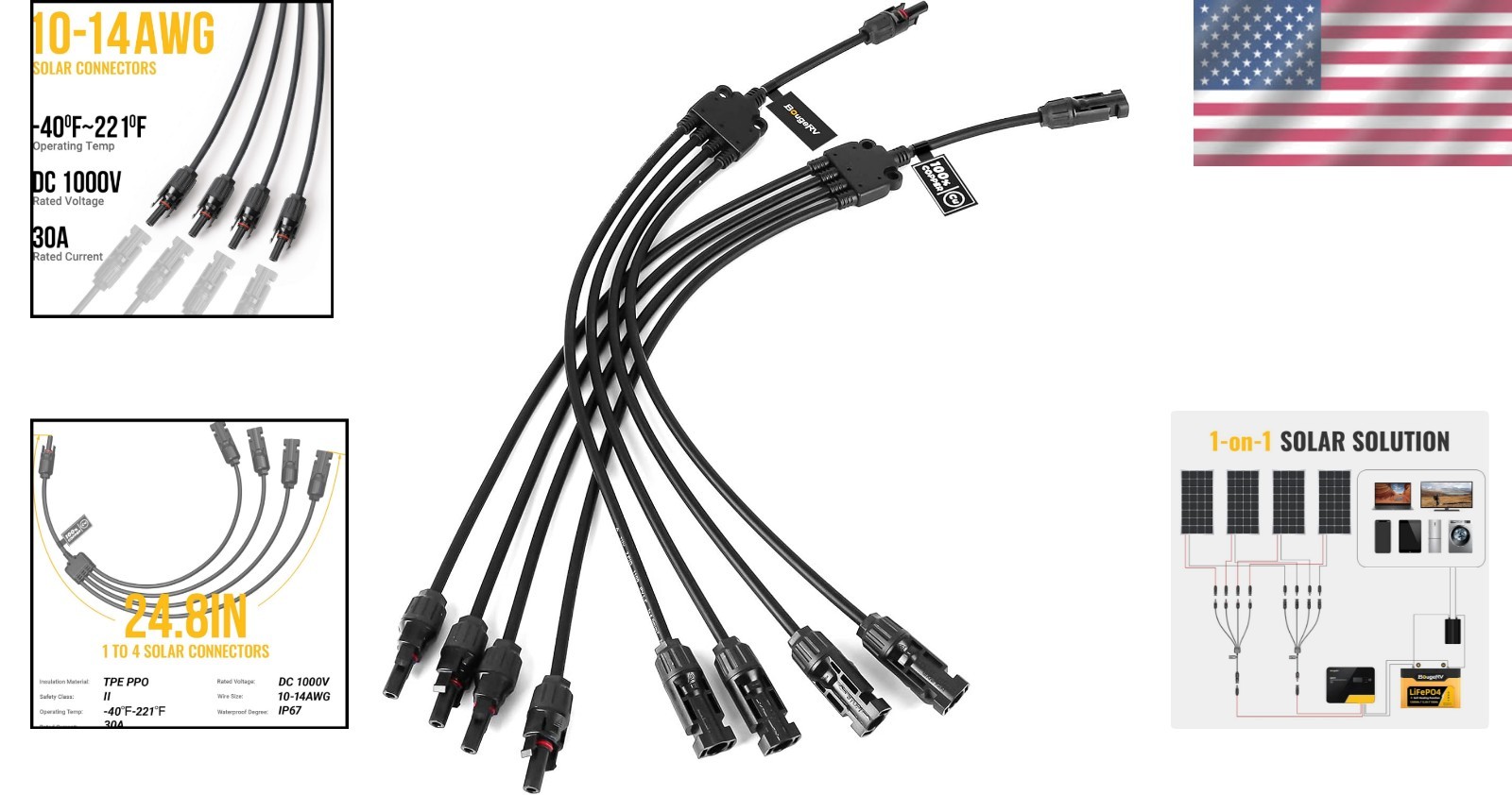 Durable Solar Panel Parallel Connectors – Connect 1 Male to 4 Female Easily
