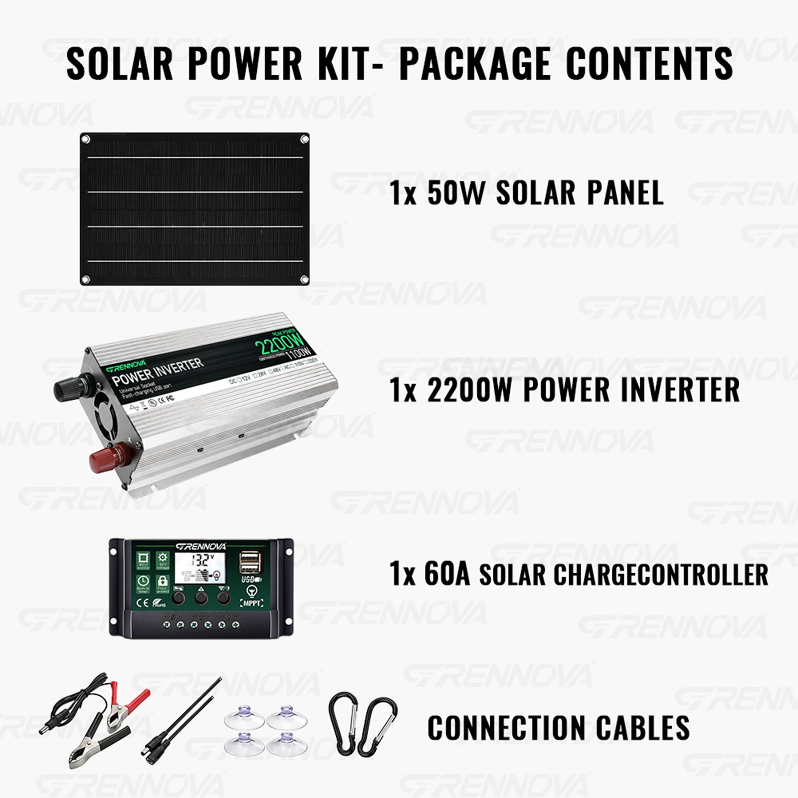 Grennova 2200W Off-Grid Solar Kit 50W Panel 60A MPPT Dual Voltage Inverter Home