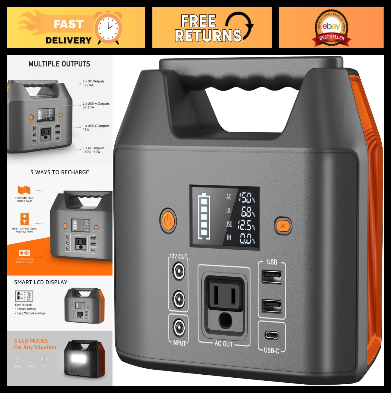 Portable Power Station 150W 155Wh Solar Generator 110V 42000mAh Power Bank, AC O