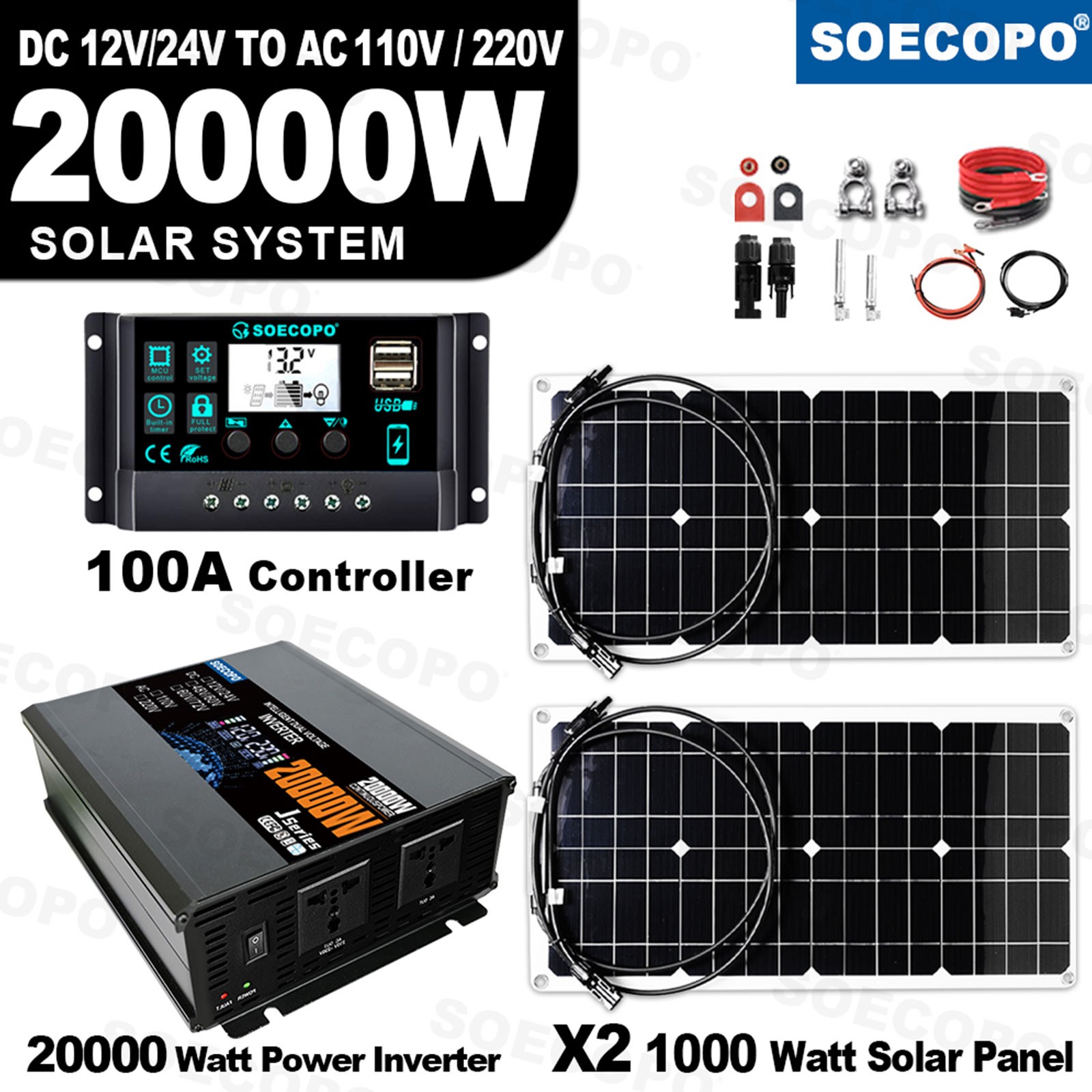 20000W Peak Solar System Kit 2pcs Flexible Panel DC12V/24V AC110V 220V Inverte