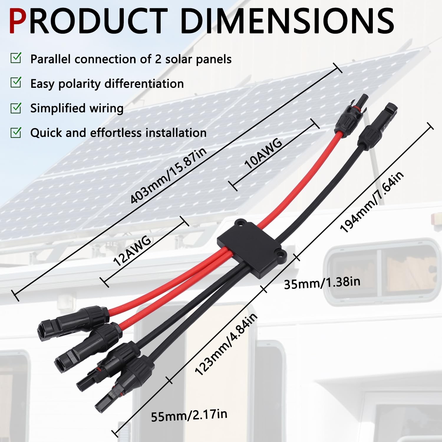 Solar Parallel Connectors for 2 Solar Panels, Tool-Free MC4 Solar Cable Split