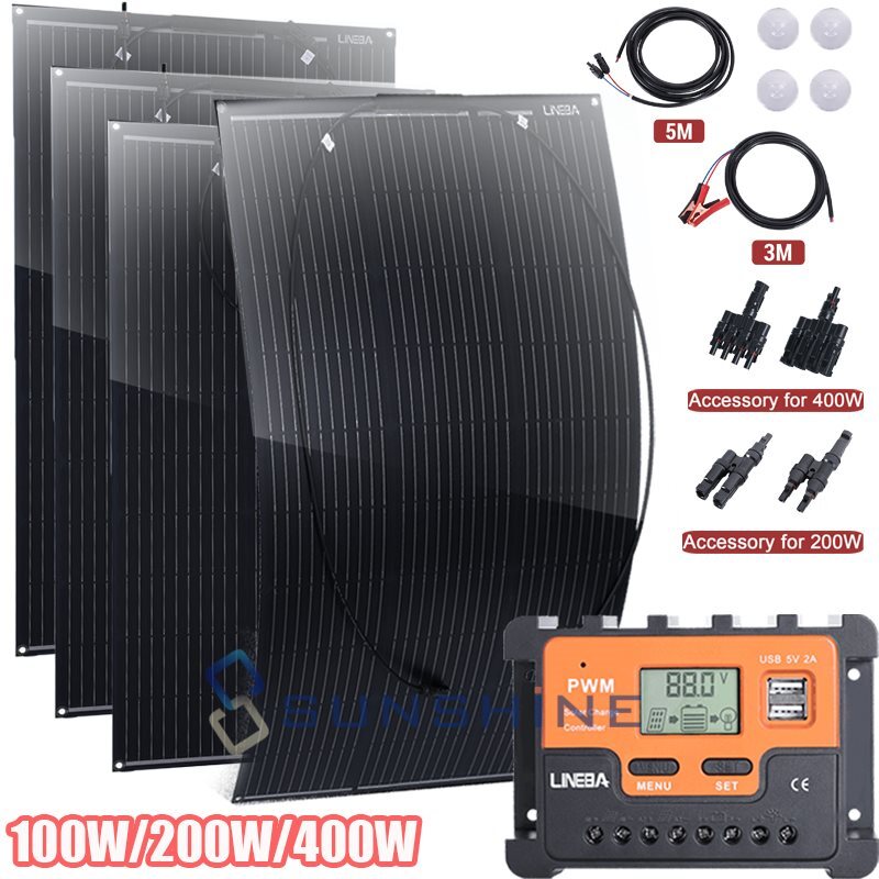400W 200W 100W Flexible Monocrystalline Solar Panel Kit for Home/Caravan/RV/Boat