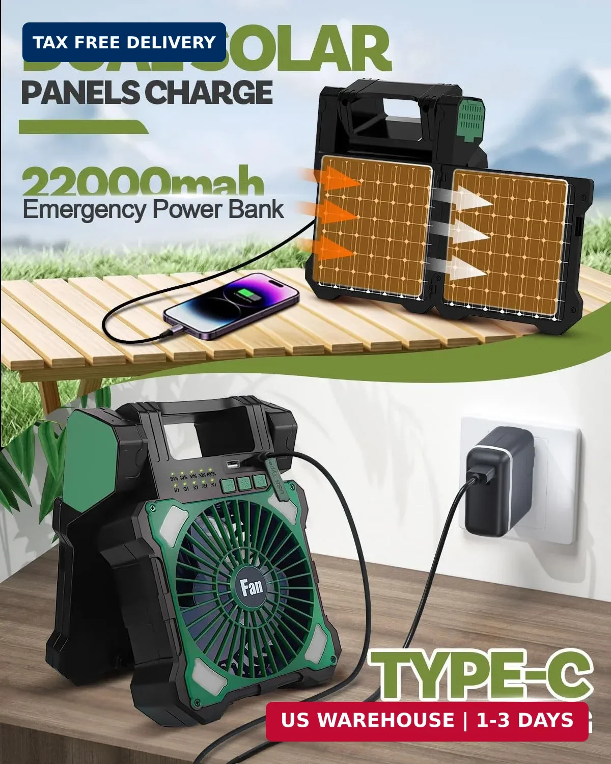 22000mAh Camping Solar Fan, Dual-Panel Rechargeable Solar Powered Fan with LED L