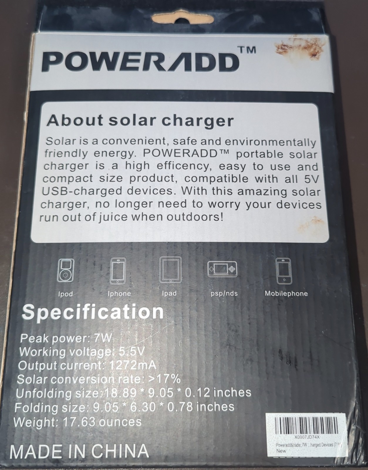POWERADD 7W Folding Solar Panel Portable 5V USB Camping Charger