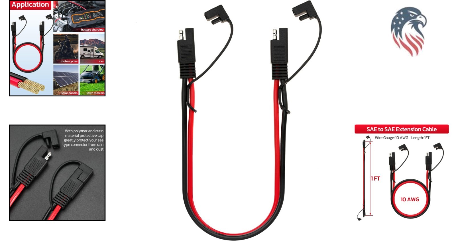 10AWG SAE Extension Cable 1ft Compatible Solar RV Automotive Dual Prong