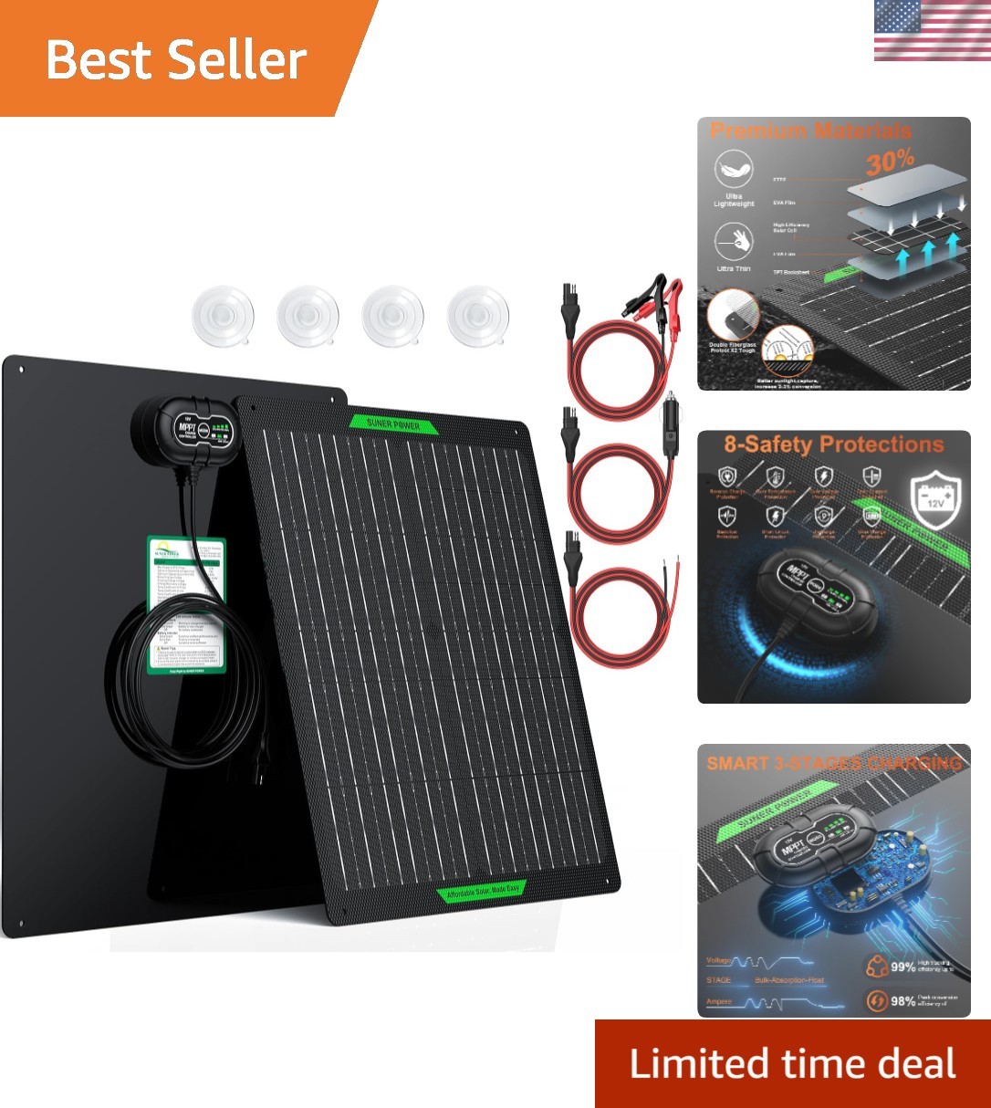 Efficient 30W Waterproof Solar Battery Charger with Automatic Maintenance