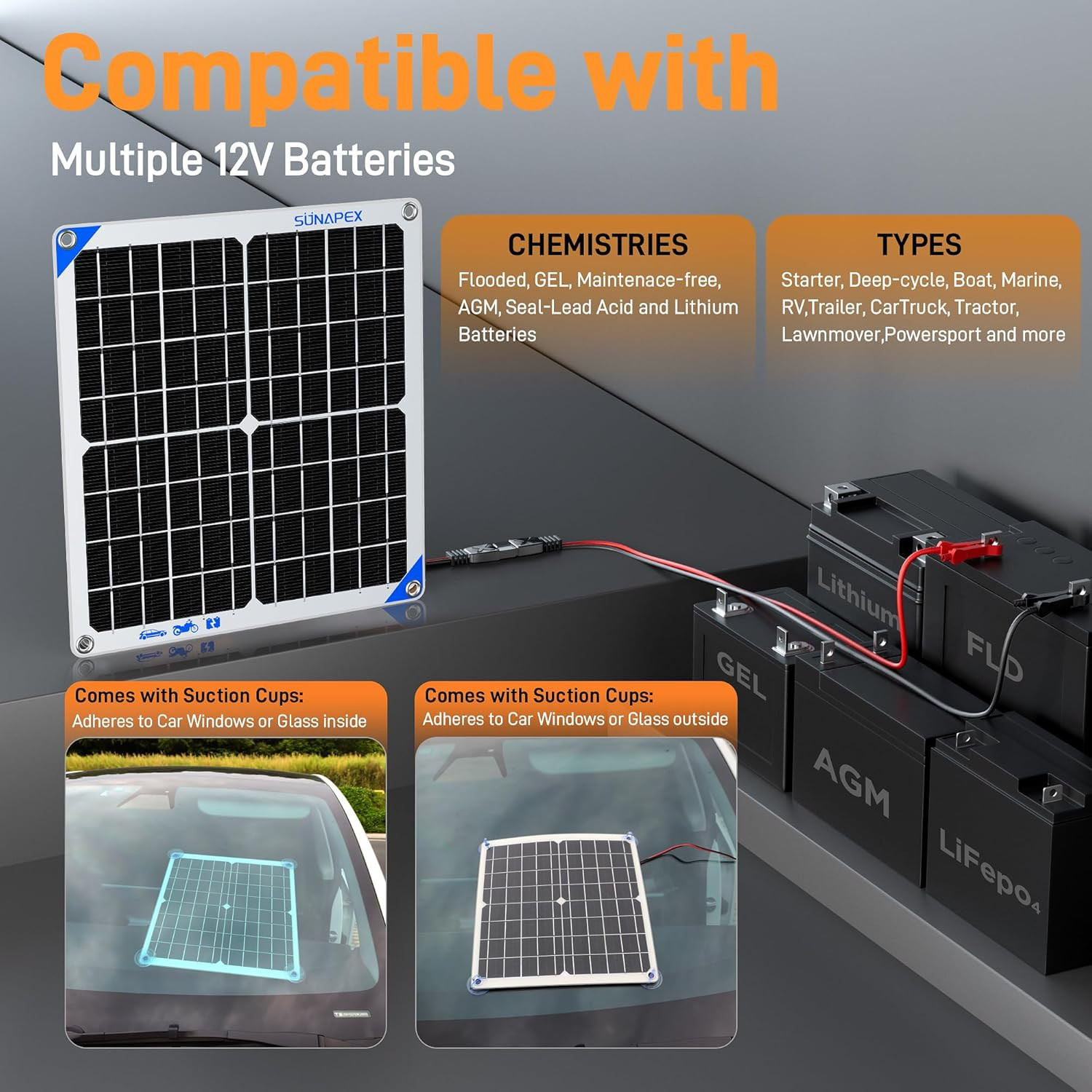 SUNAPEX 12V 10Watt Solar Trickle Charger Maintainer – Waterproof Solar Powered B