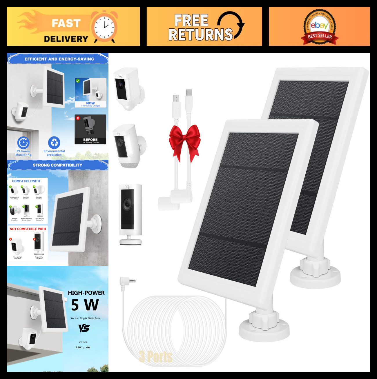 2 Pack Solar Charger for Ring Camera, 5W Waterproof Panel with 16.4ft Cable, Com