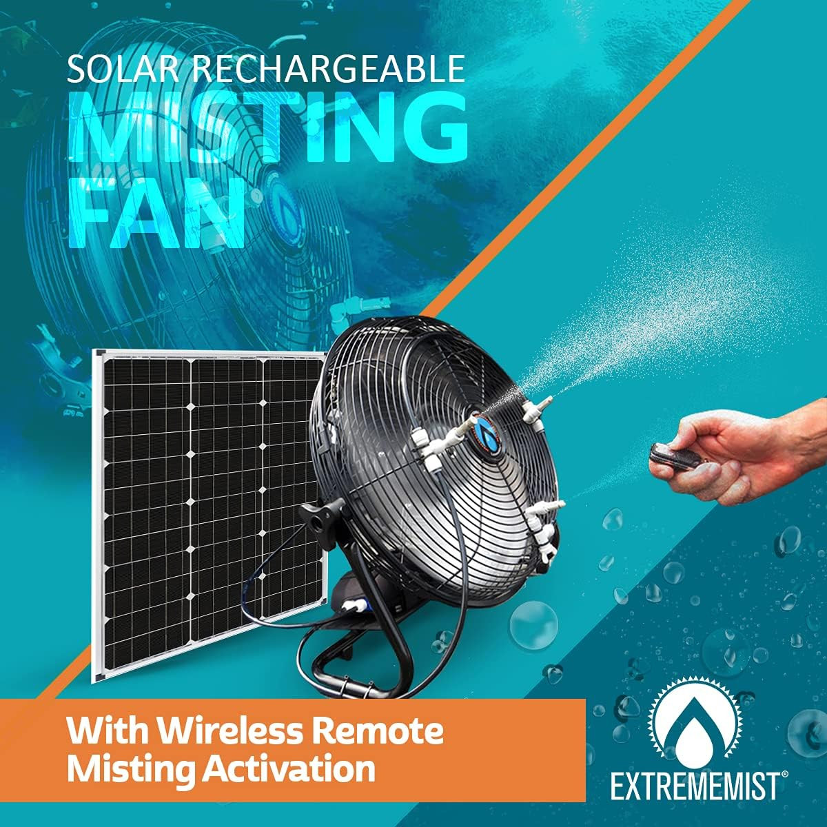 EXTREMEMIST 14” Solar Powered Misting Fan – 3 Mister Nozzles, 20W Solar Panel |