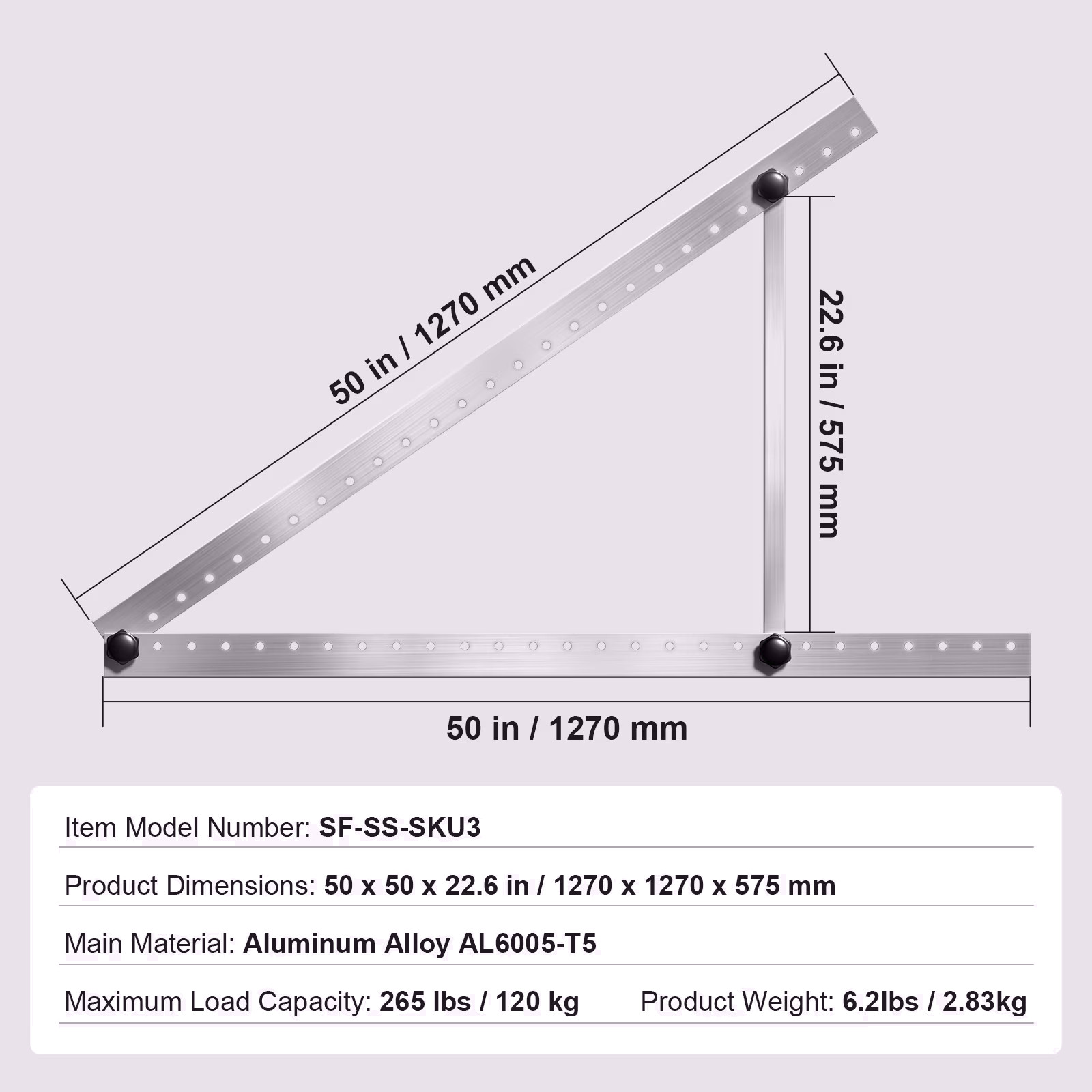 50-Inch Solar Panel Support Brackets, 0 to 90° Modifiable Incline Mount Brackets