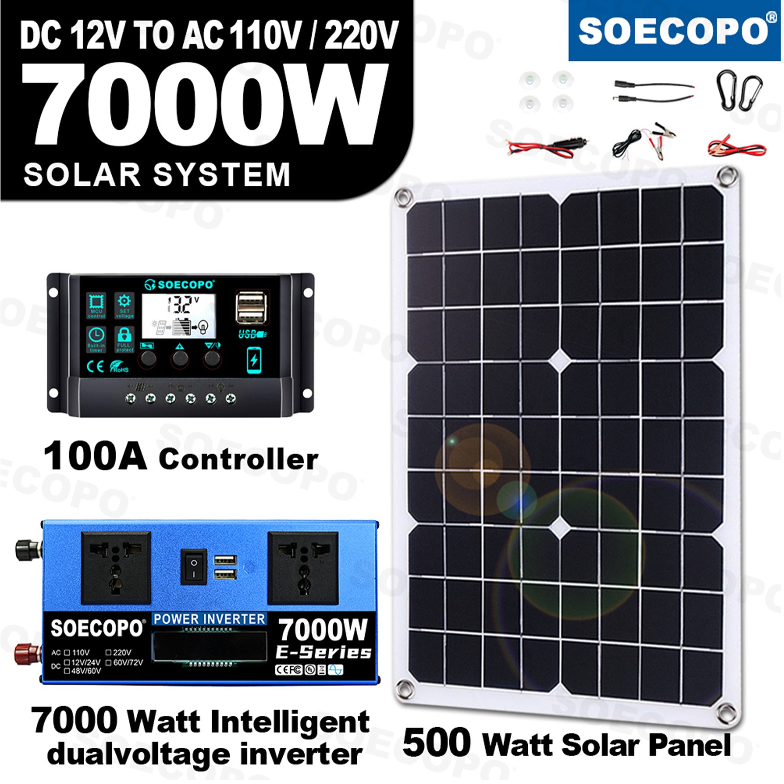 7000W Solar System Kit 12V/24V To 110V/220V 100A Controller 500W Inverter SystNi