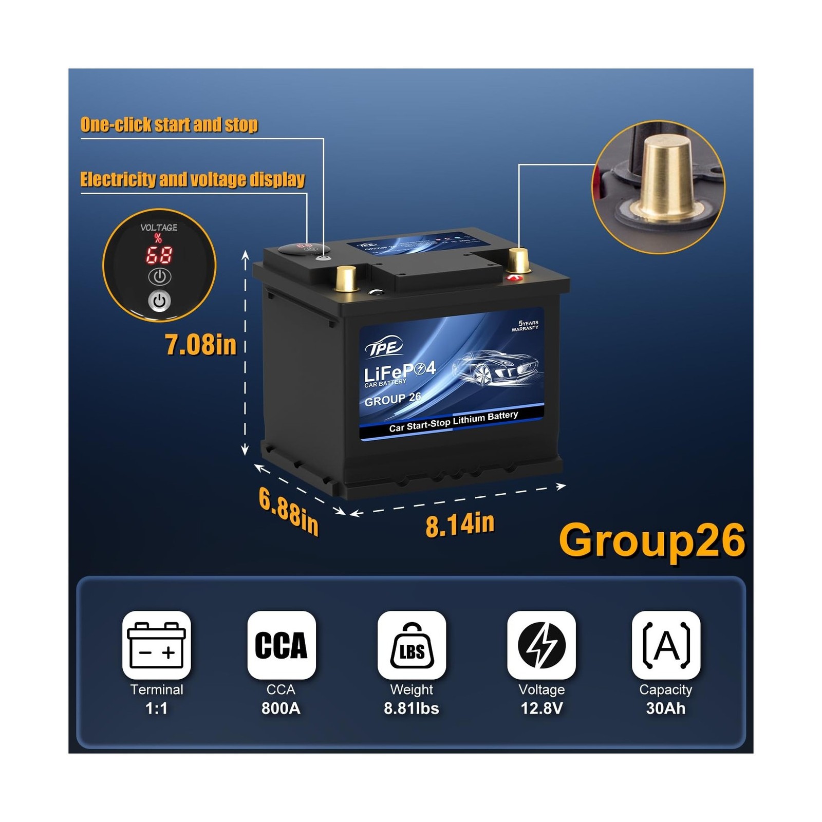 TPE Car Start Stop System BCI Group26 LiFePO4 Lithium-ion Battery 12.8V 800A …