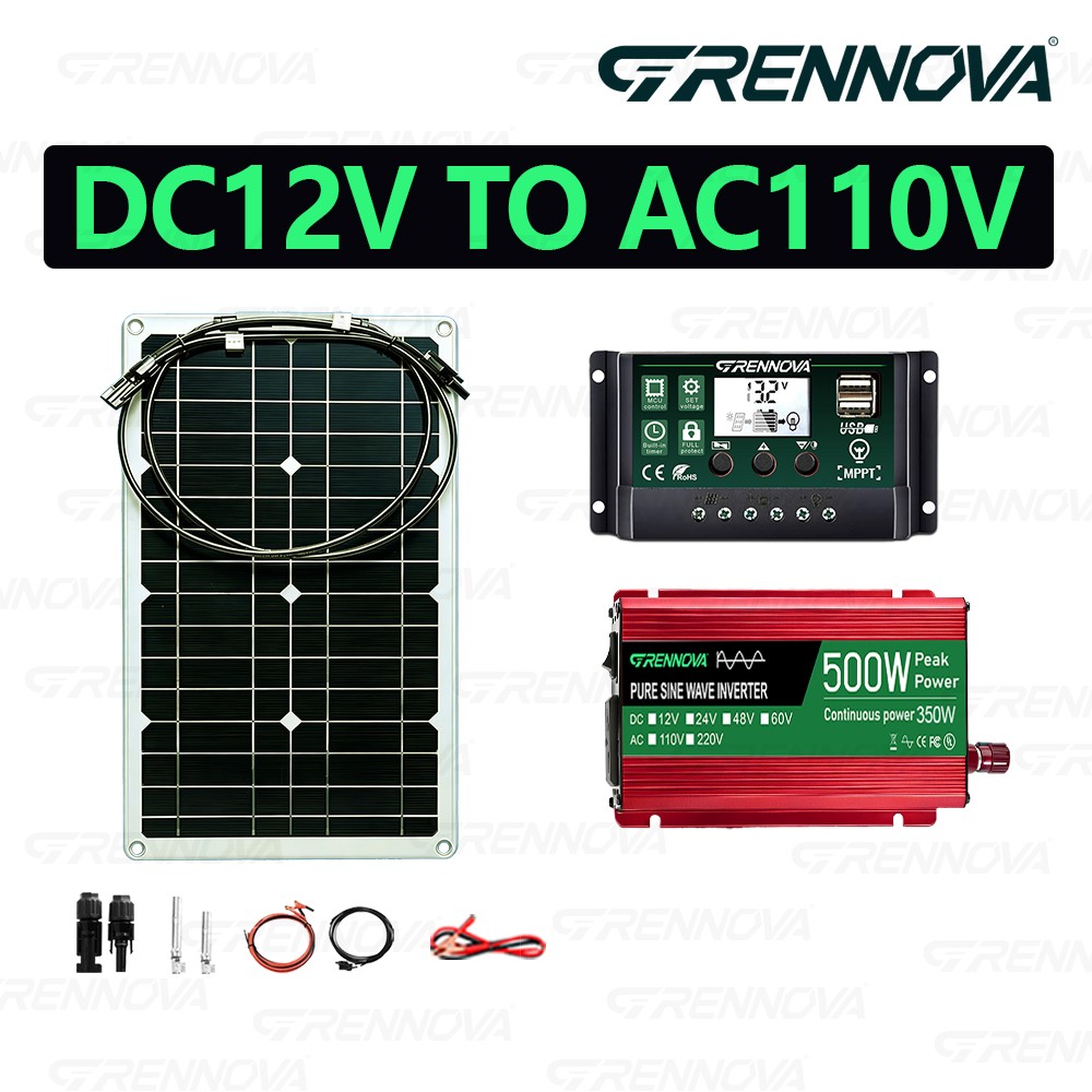 Grennova 500W Pure Sine Solar Kit 80W 60A MPPT 12V 110/220V Inverter Home Backup
