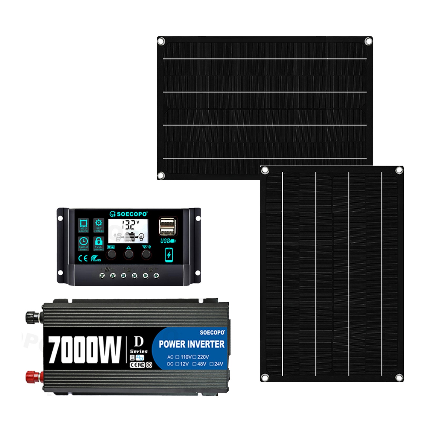 7000W Solar Power Kit | Inverter, 2 Solar Panels, 100A Controller with Display