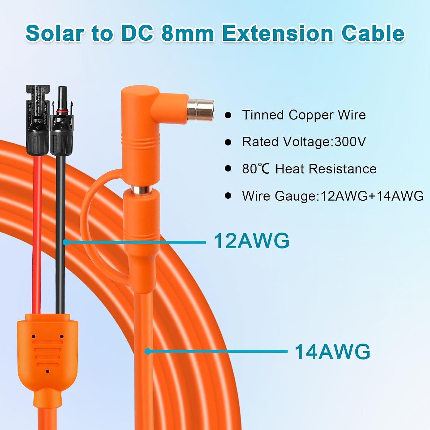 Solar Connector to DC 8mm Extension Cable 30FT, 14/12AWG Heavy Duty Adapter Cord