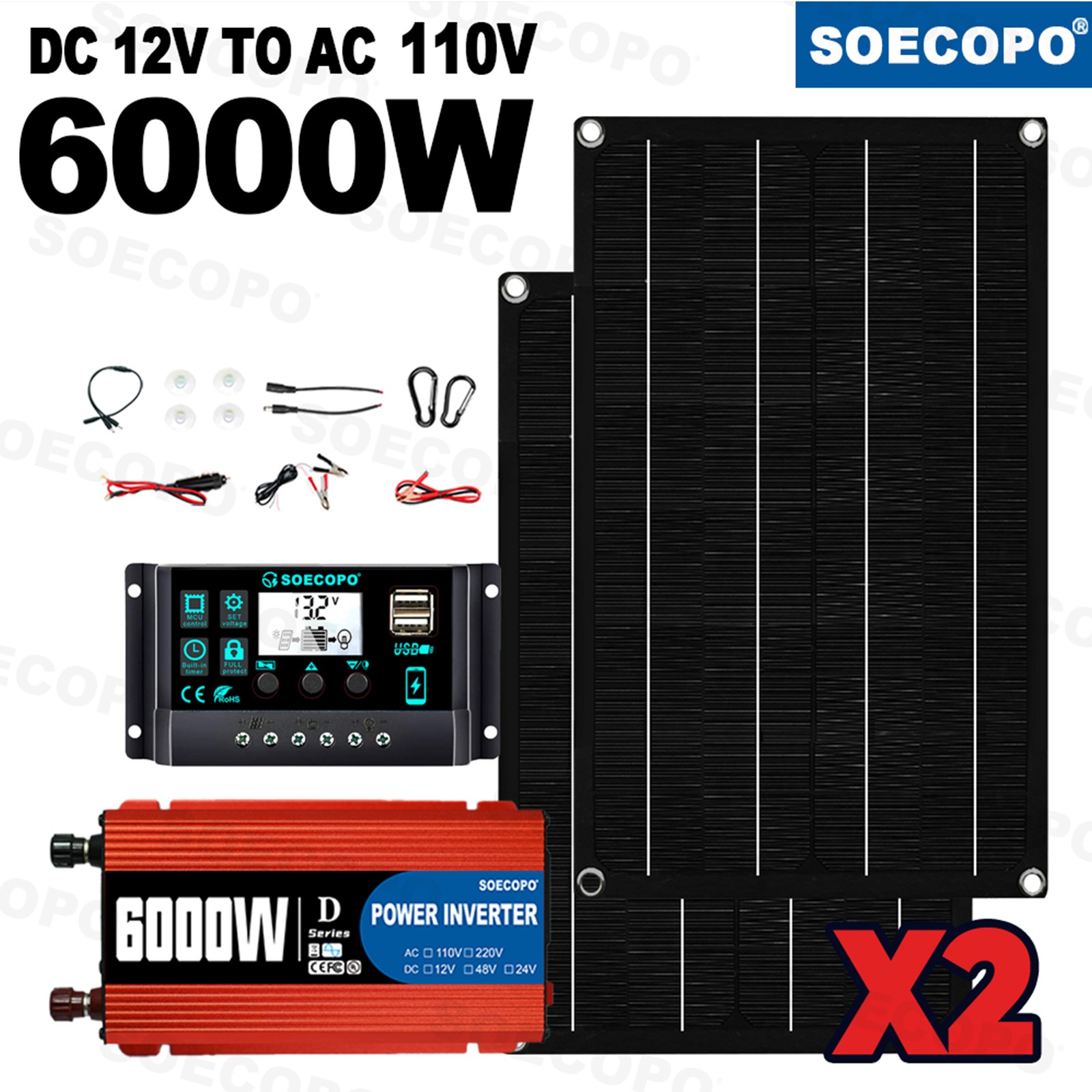 6000W DC to AC Solar Inverter Kit | Includes 2pc Solar Panels &Charge Controller