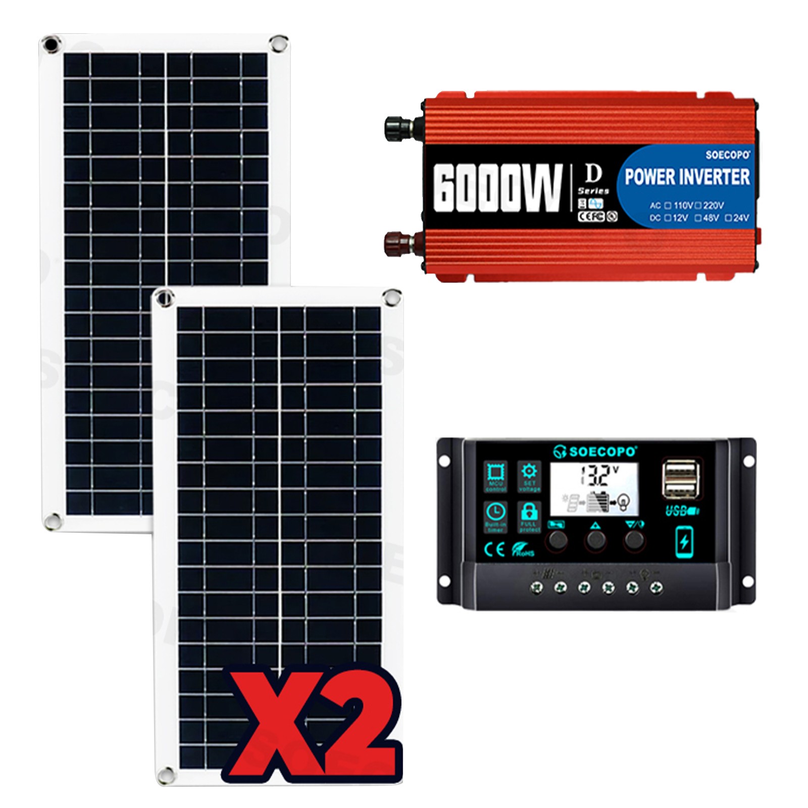 Ultimate 6000W Solar Power Bundle: Inverter DC 12V – AC 110V/220V+ 2pcs Solar