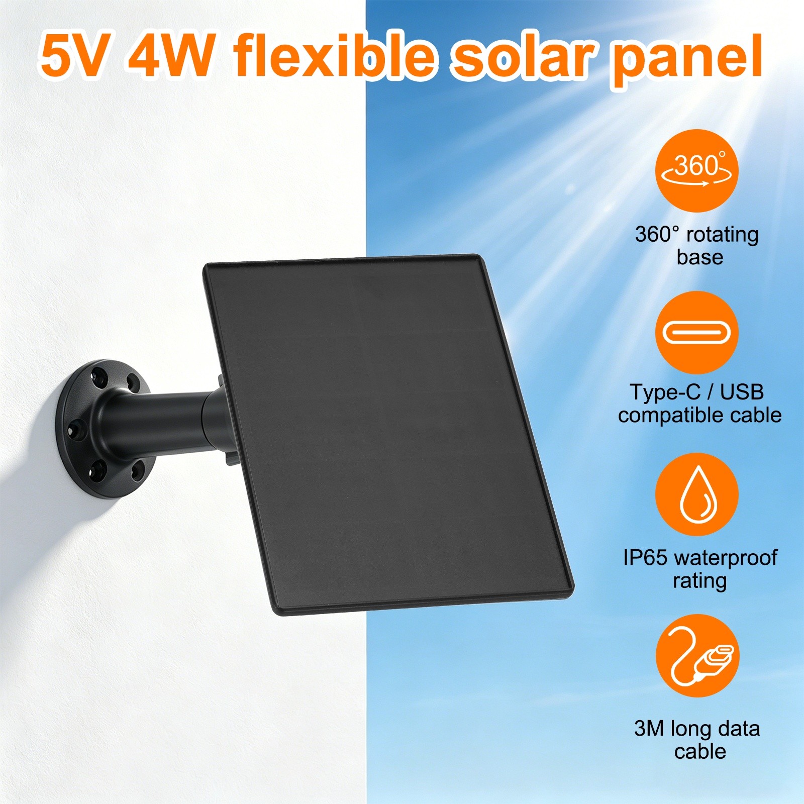2 Pack of 5V 4W Solar Panel, Waterproof Dual Type-C/USB Solar Charger, Black