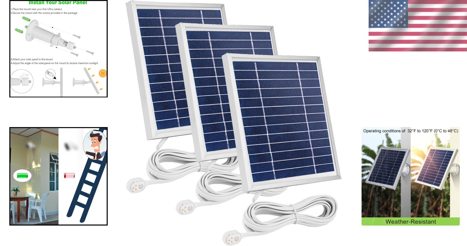 Arlo Pro 5S Solar Panel 3 Pack – 3.5W Ultra-Efficient, Magnetic Charging Cable