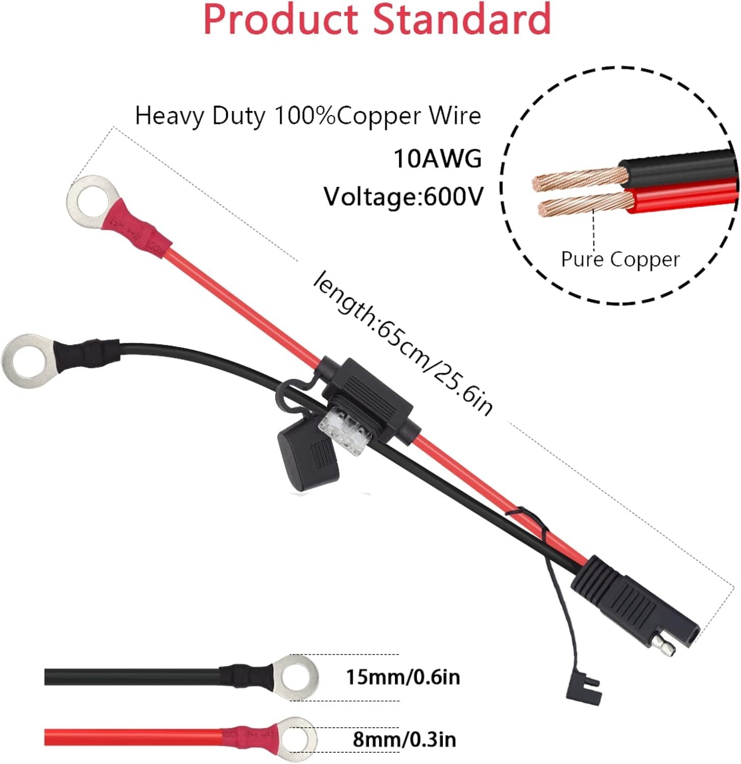 2 FT SAE Extension Cable Copper 10AWG Waterproof Quick Connect Battery