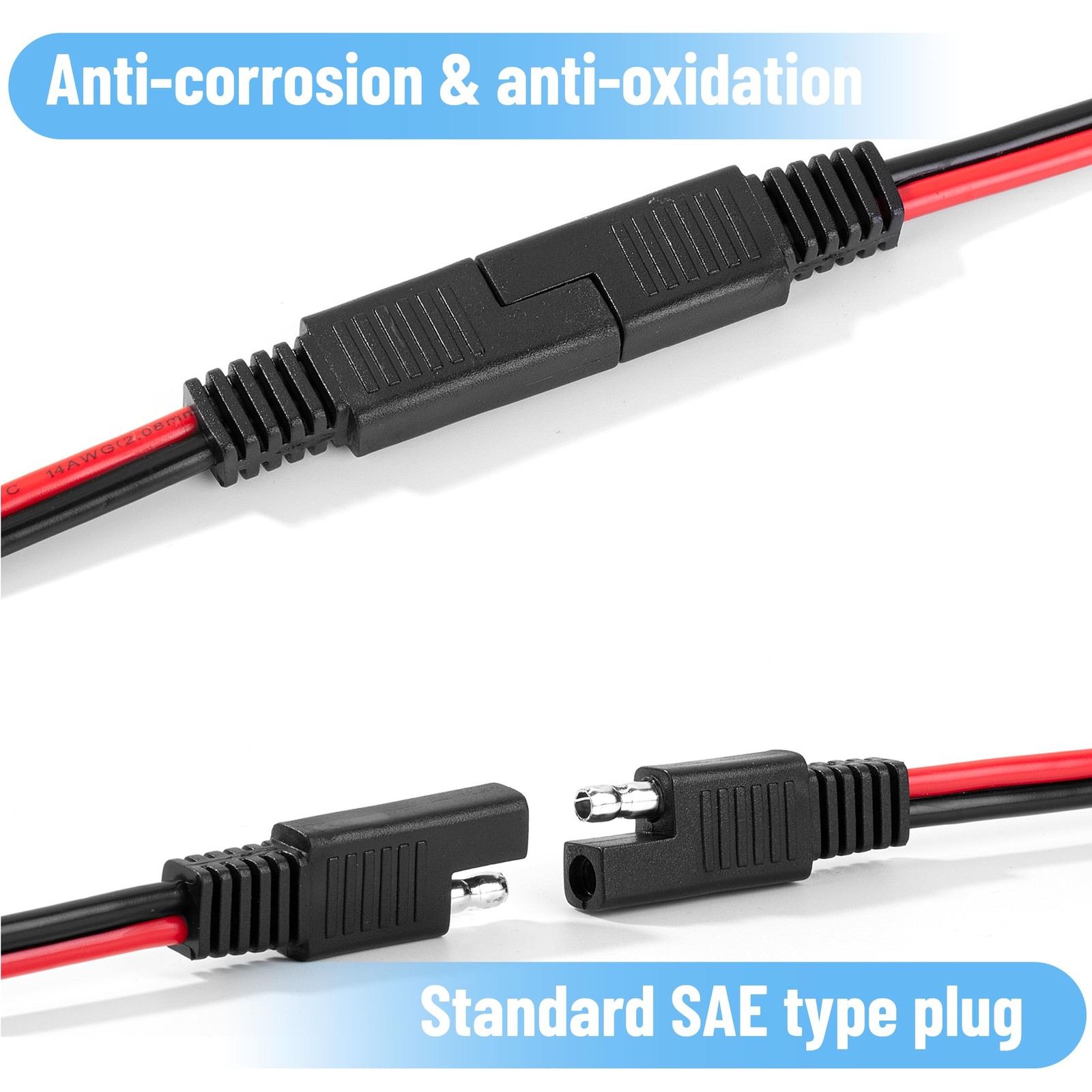 8 Pack 12 Inch SAE Connectors 14AWG 2 Pin Single Plug Connectors