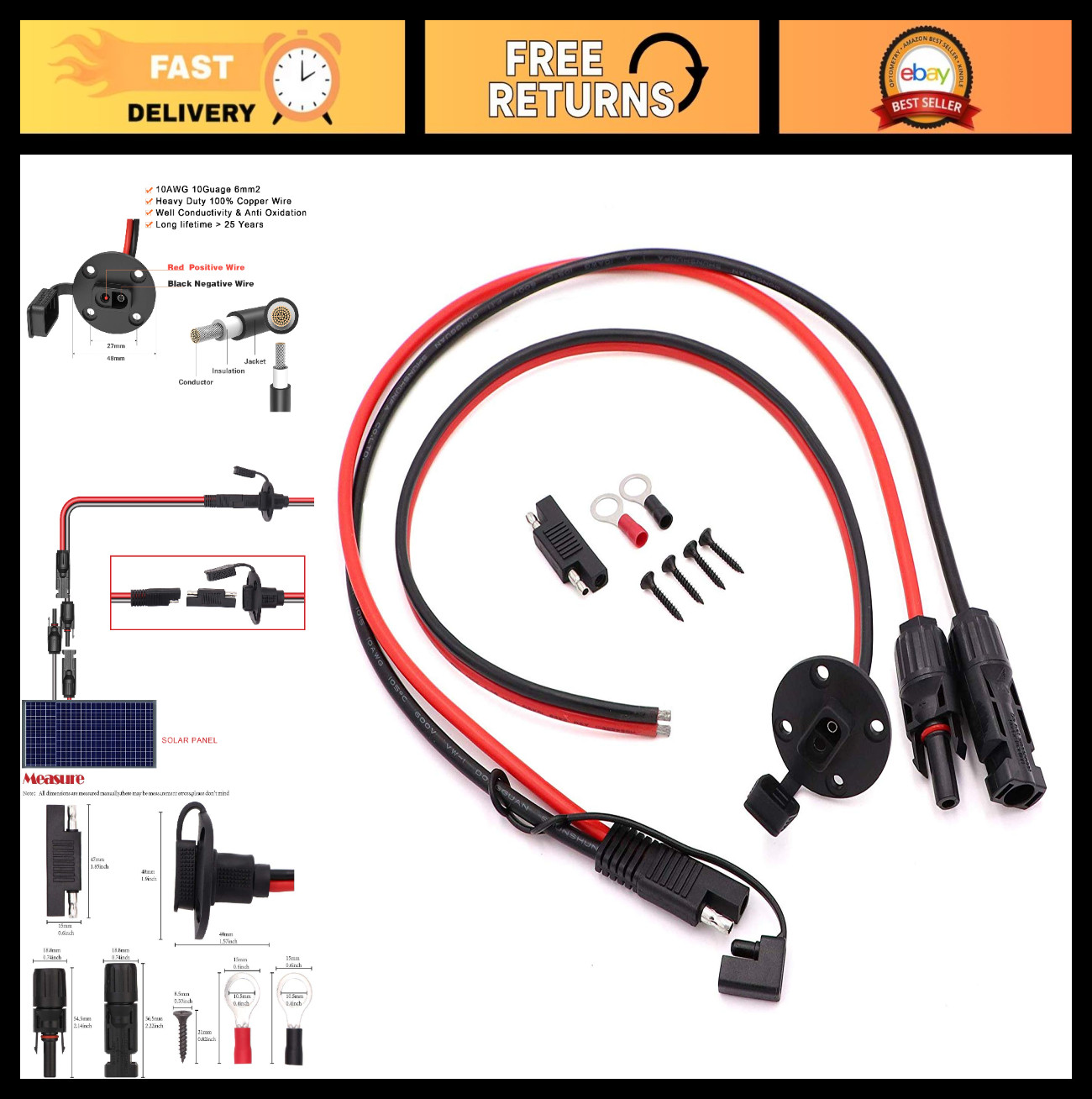 2FT 10AWG Solar Connector SAE Adapter Cable, Weatherproof Port Kit for RV, Boat,