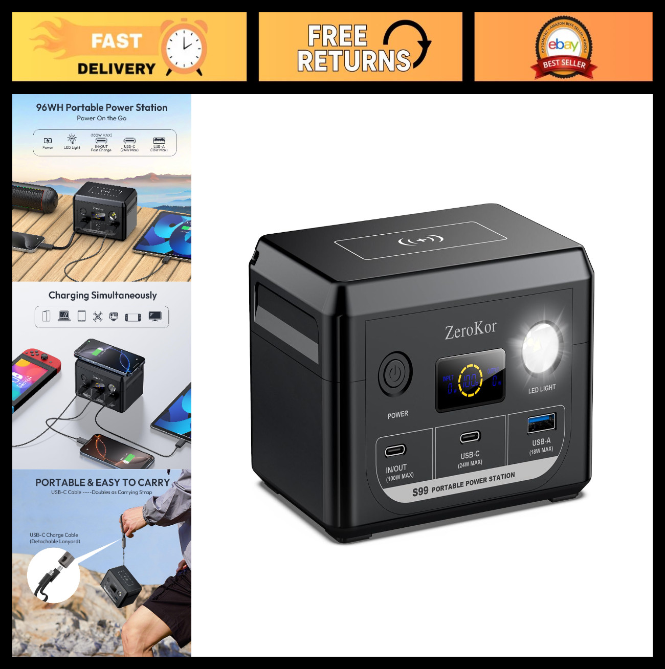 100W Portable Power Station, 30000mAh LiFePO4 Battery, USB C Fast Charge, Campin