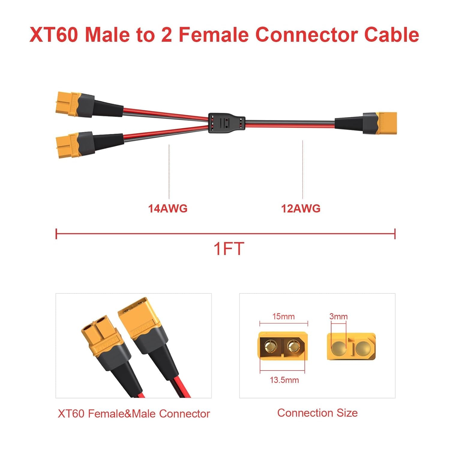 XT60 Y Splitter,12AWG 1 Male to 2 Female 1 2