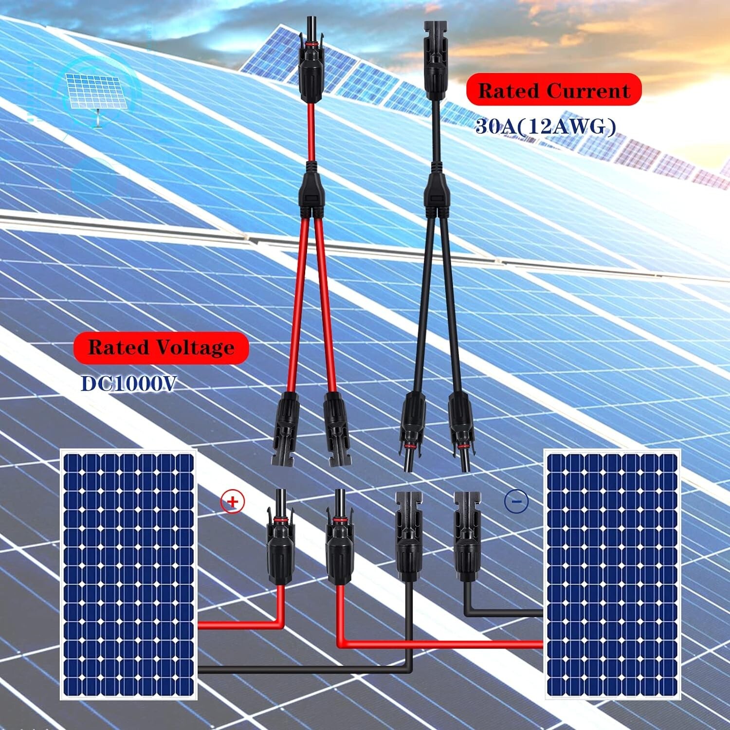 Solar Connector Y-Branch Parallel Adapter Cable Plug (M/FF, F/MM) Two Sets Pairs