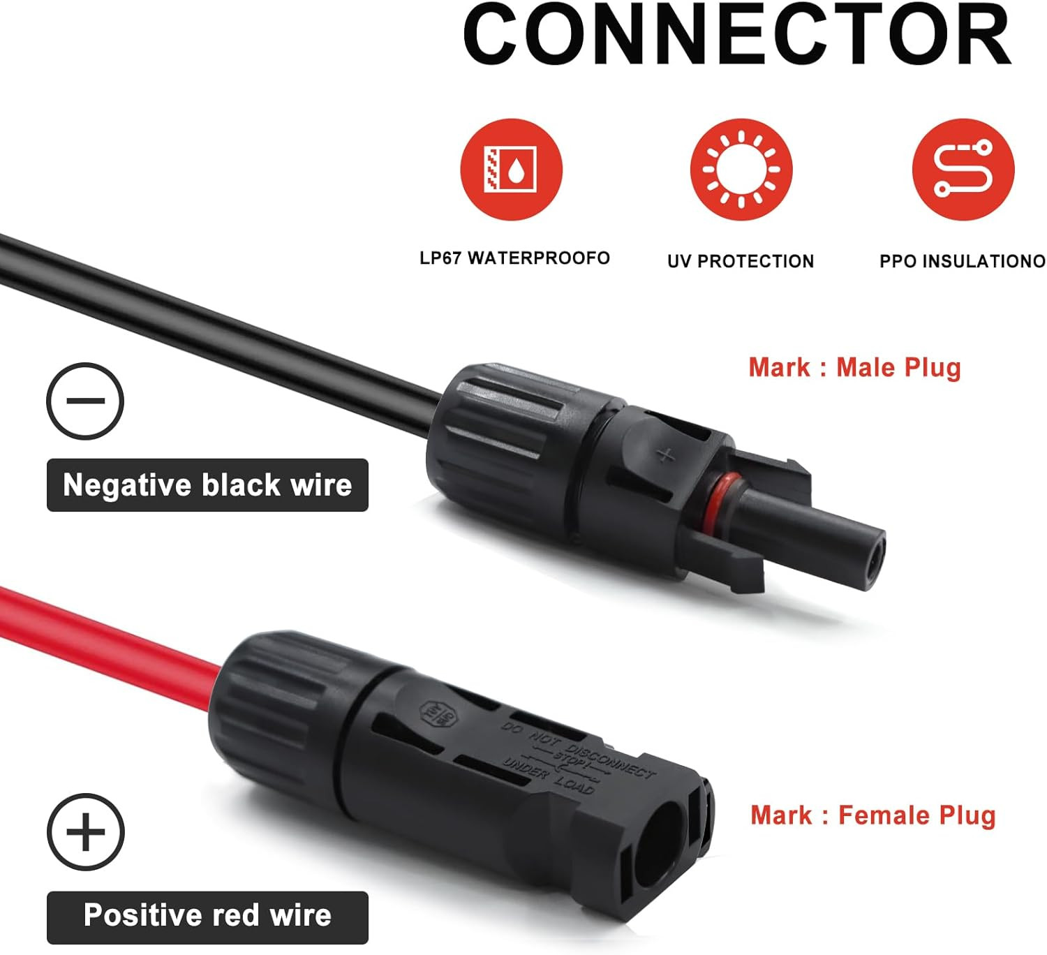 Twin Wire 50FT Solar Extension Cable – 10AWG (6Mm) Black & Red with IP67 Solar P