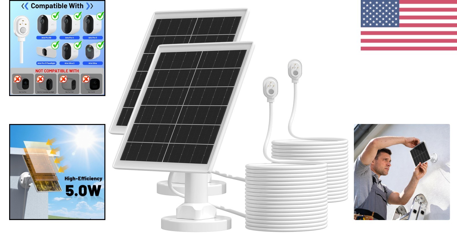 Continuous Power 5W Solar Charger for Arlo Cameras with 360° Mount – 2 Pack