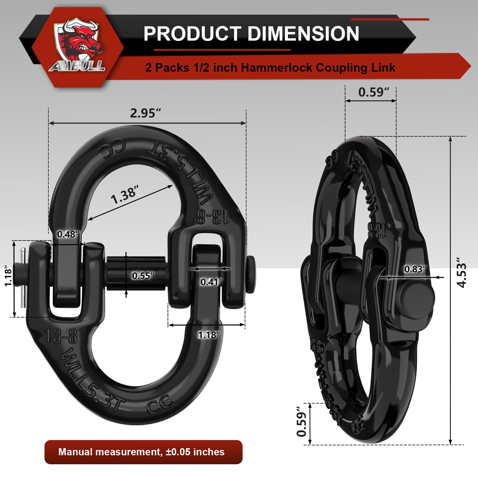 2 Pack 1/2″ Safety Chain Connector Link, G80 Tow Hitch Hammerlock (Black)