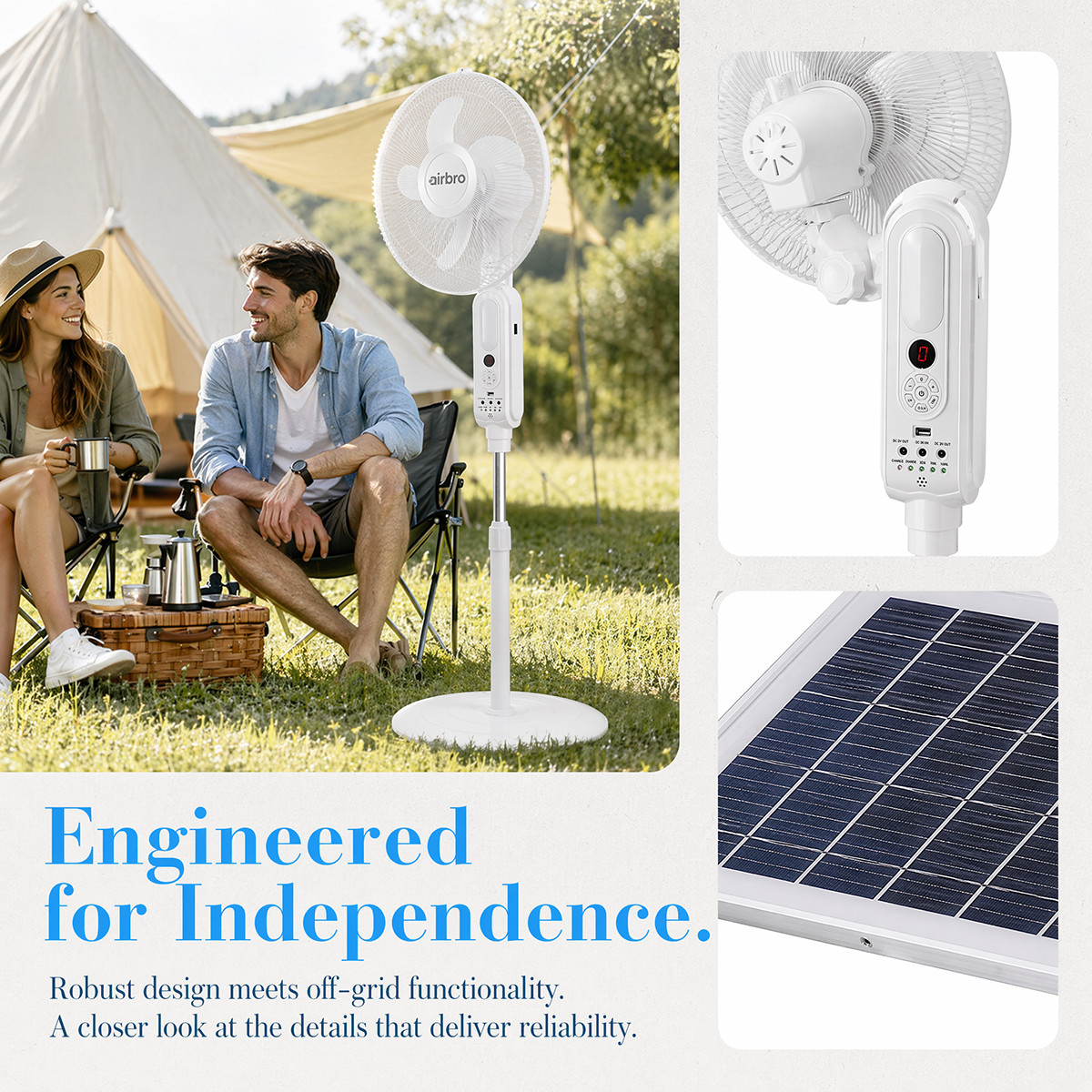 16 Inch Solar Rechargeable Standing Fan with 2PCS LED Light Bulbs Remote Control