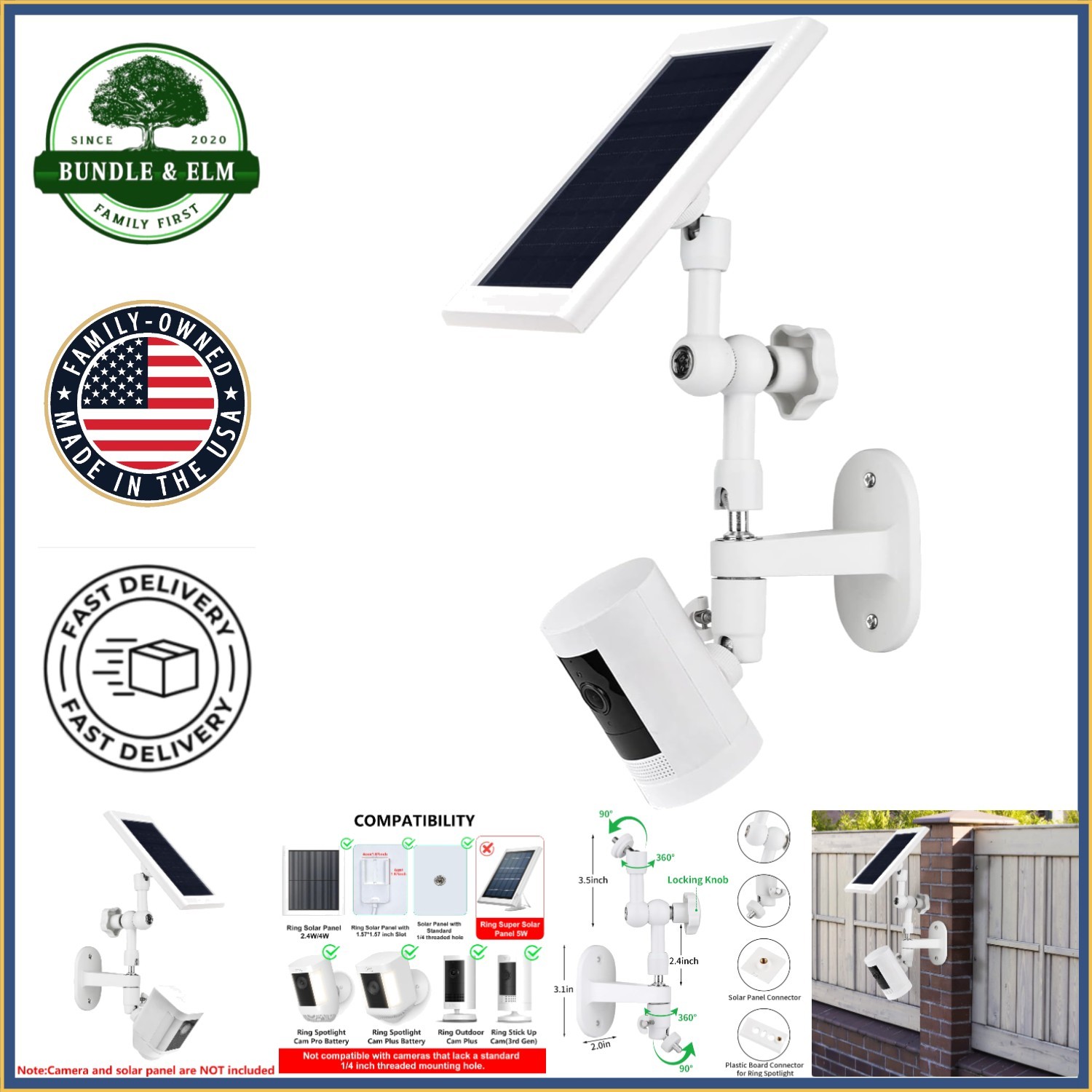 Wall Mount Bracket for Solar Panel and Security Camera with 360-Degree Rotation