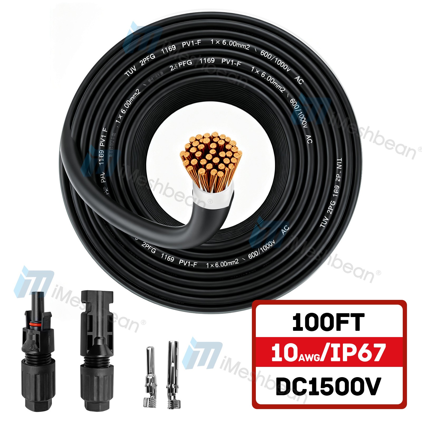 100FT 10AWG Black Solar Panel Extension Cable PV Wire Waterproof Solar Connector