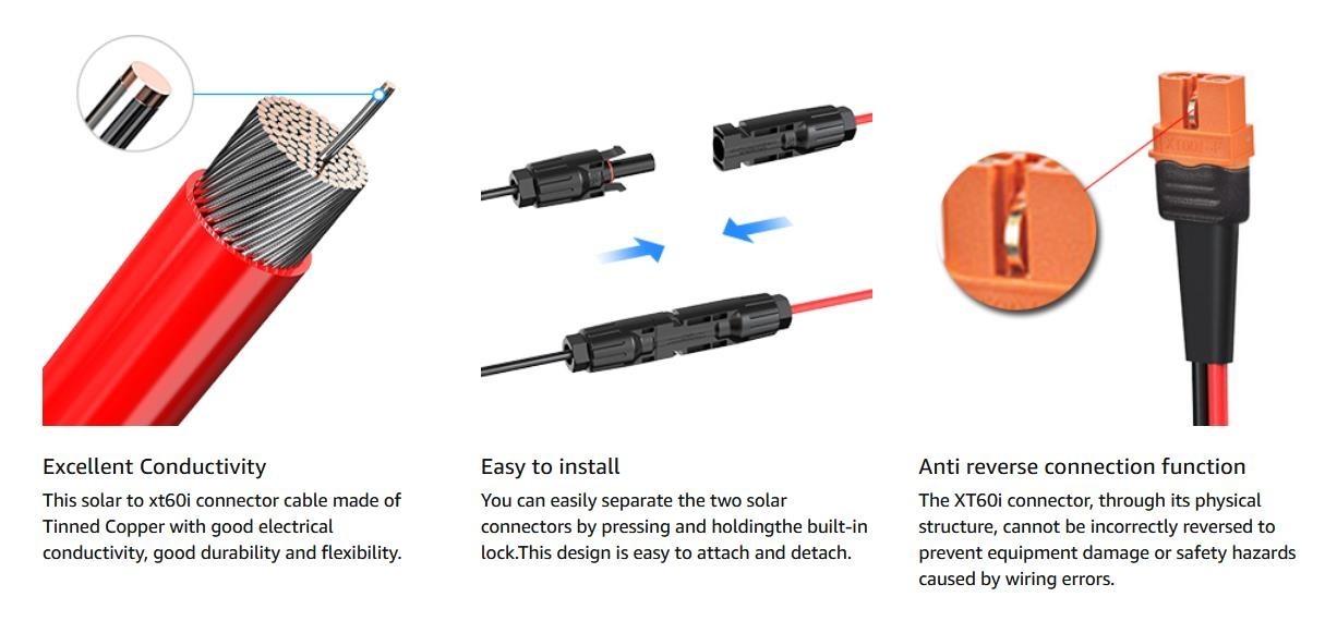 12AWG Solar to XT60i Charging Cable for Portable Power Station & Solar Generator
