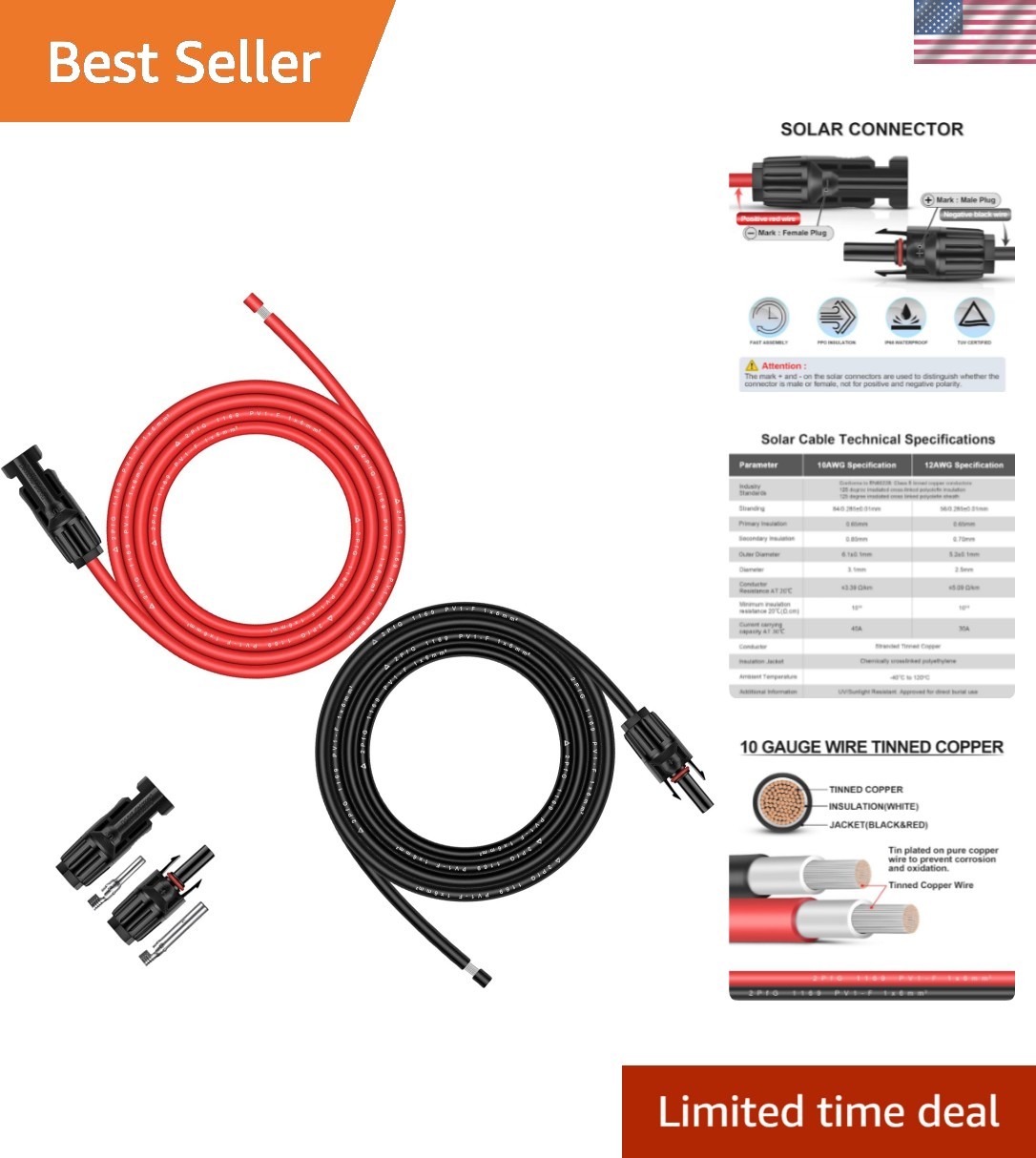 10AWG Solar Extension Cable – 10FT Weatherproof and Corrosion Resistant Design
