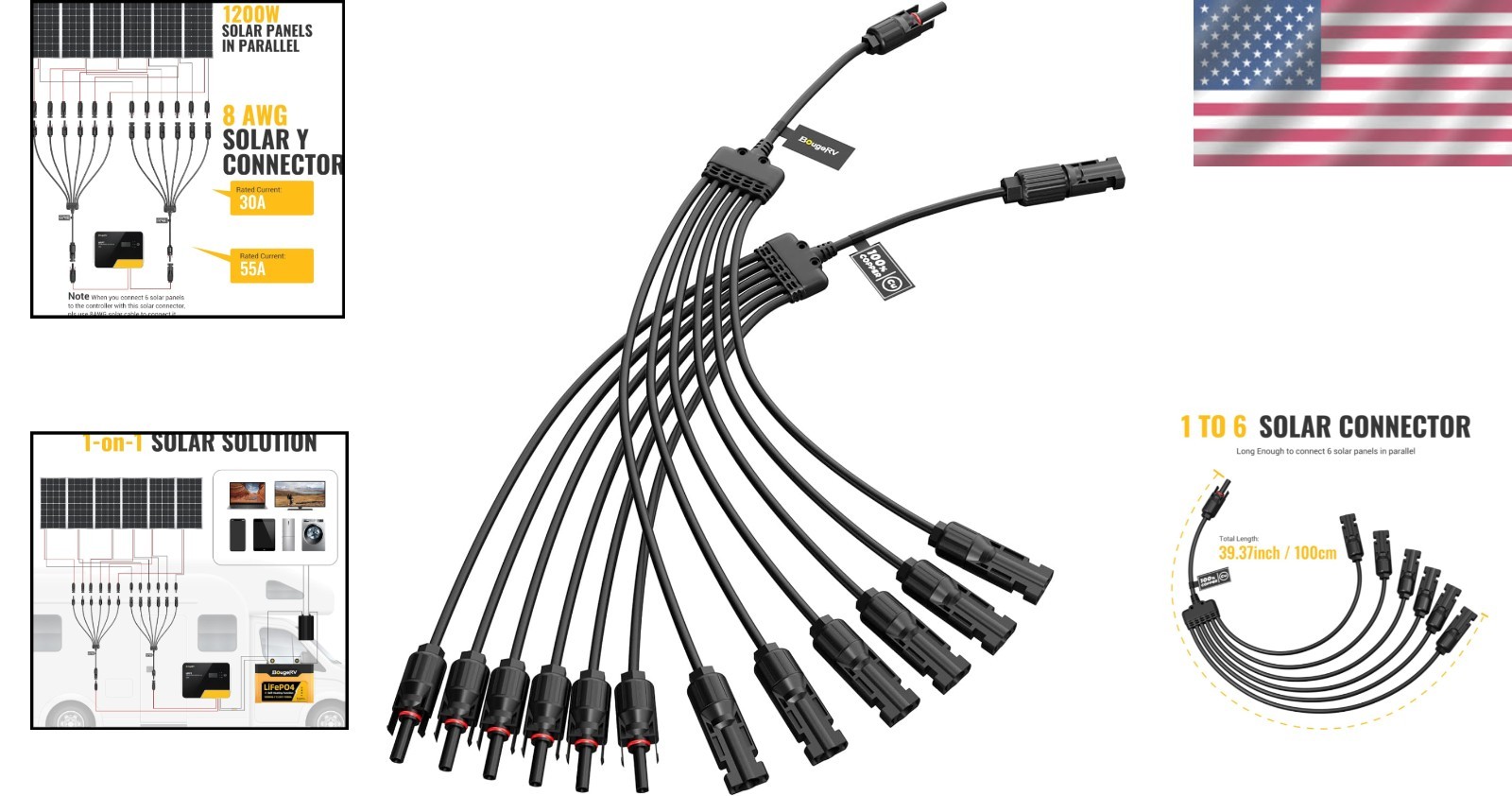 Solar Panel Y Connectors 1 to 6 Parallel Adapter Cable Kit