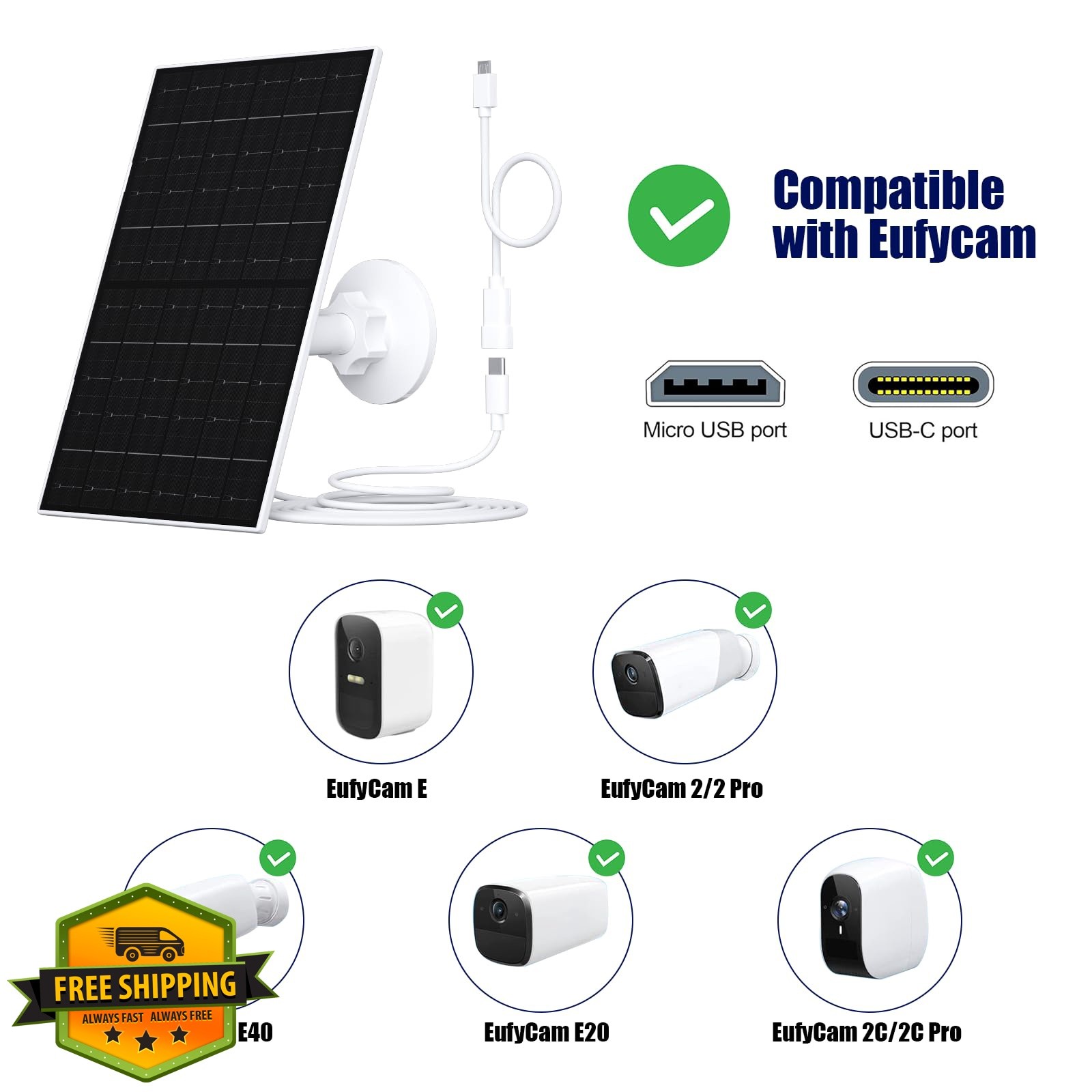 Zivif 7W Solar Panel Eufycam 2C/Pro 2/Pro E20/E40/E