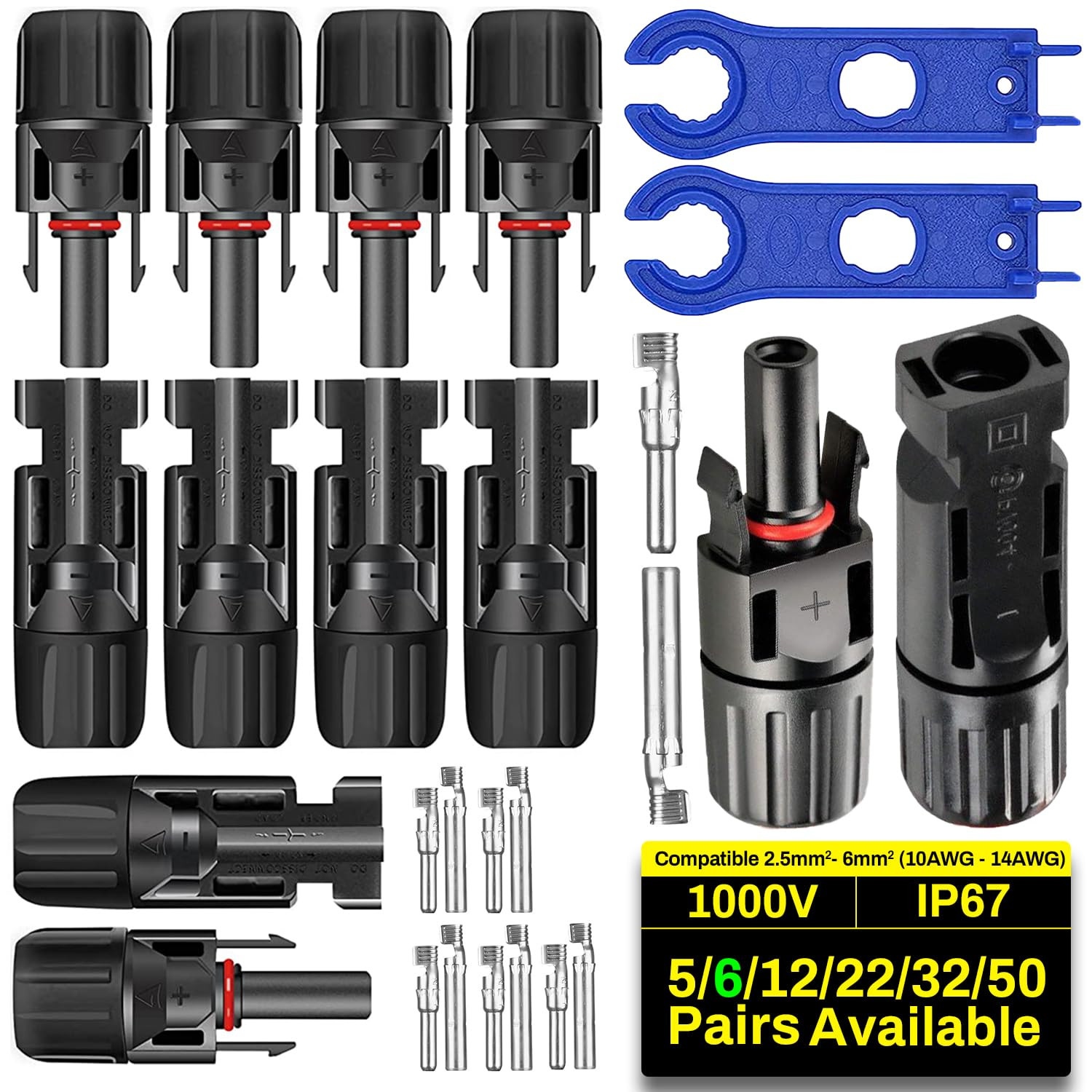 12 PCS Solar Panel Connectors 6/12/22/32/50 Pairs Options 6 Pairs 10AWG 12AWG 14