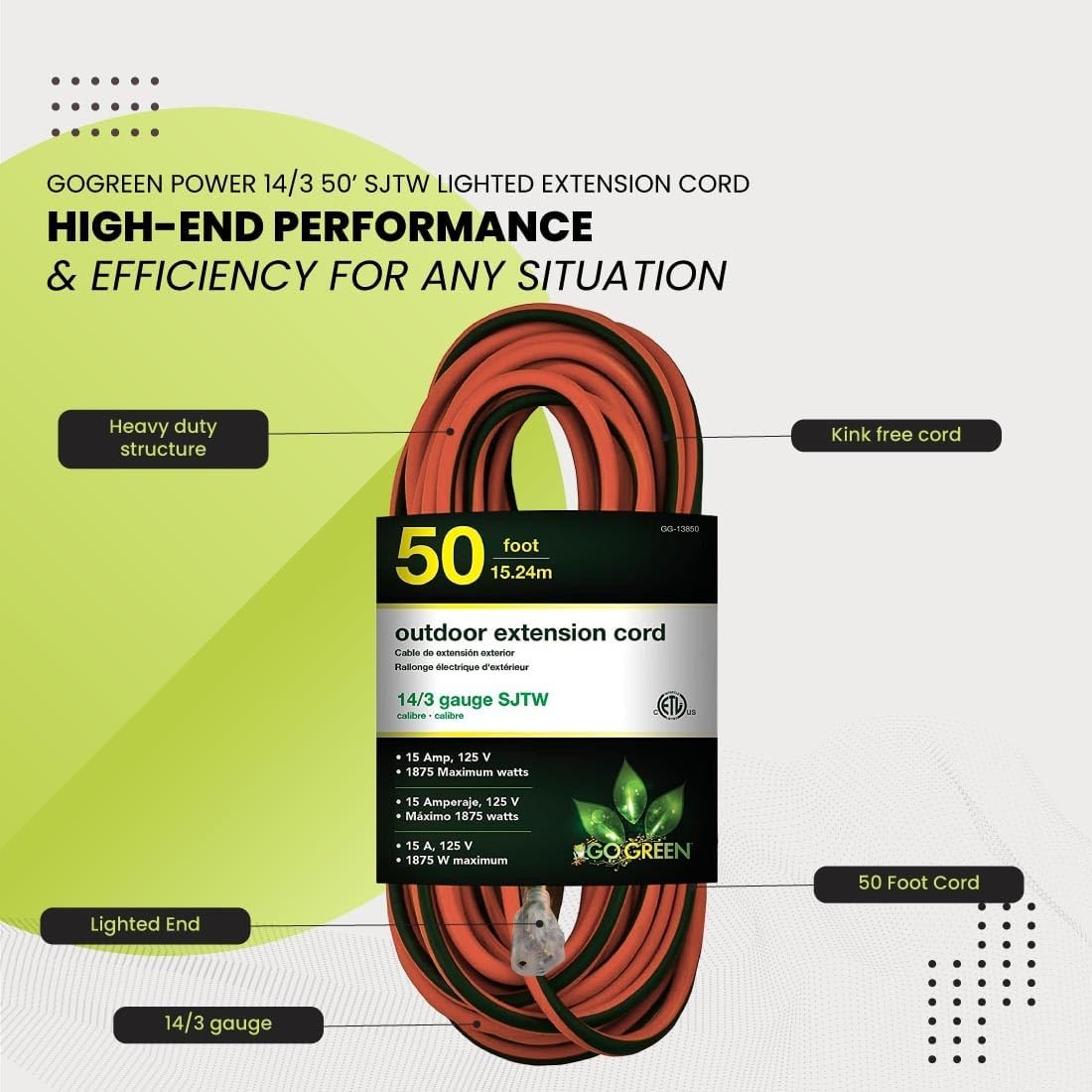 Go Green Power Inc. 14/3 50ft Outdoor Lighted Extension Cord – Heavy Duty, Contr
