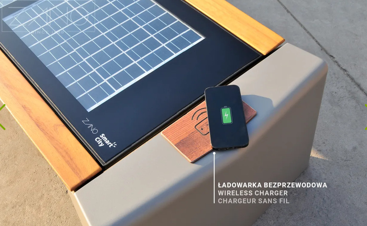 Modern Solar outdoor bench Photon. WIFI, lighting & charging station. USB ports