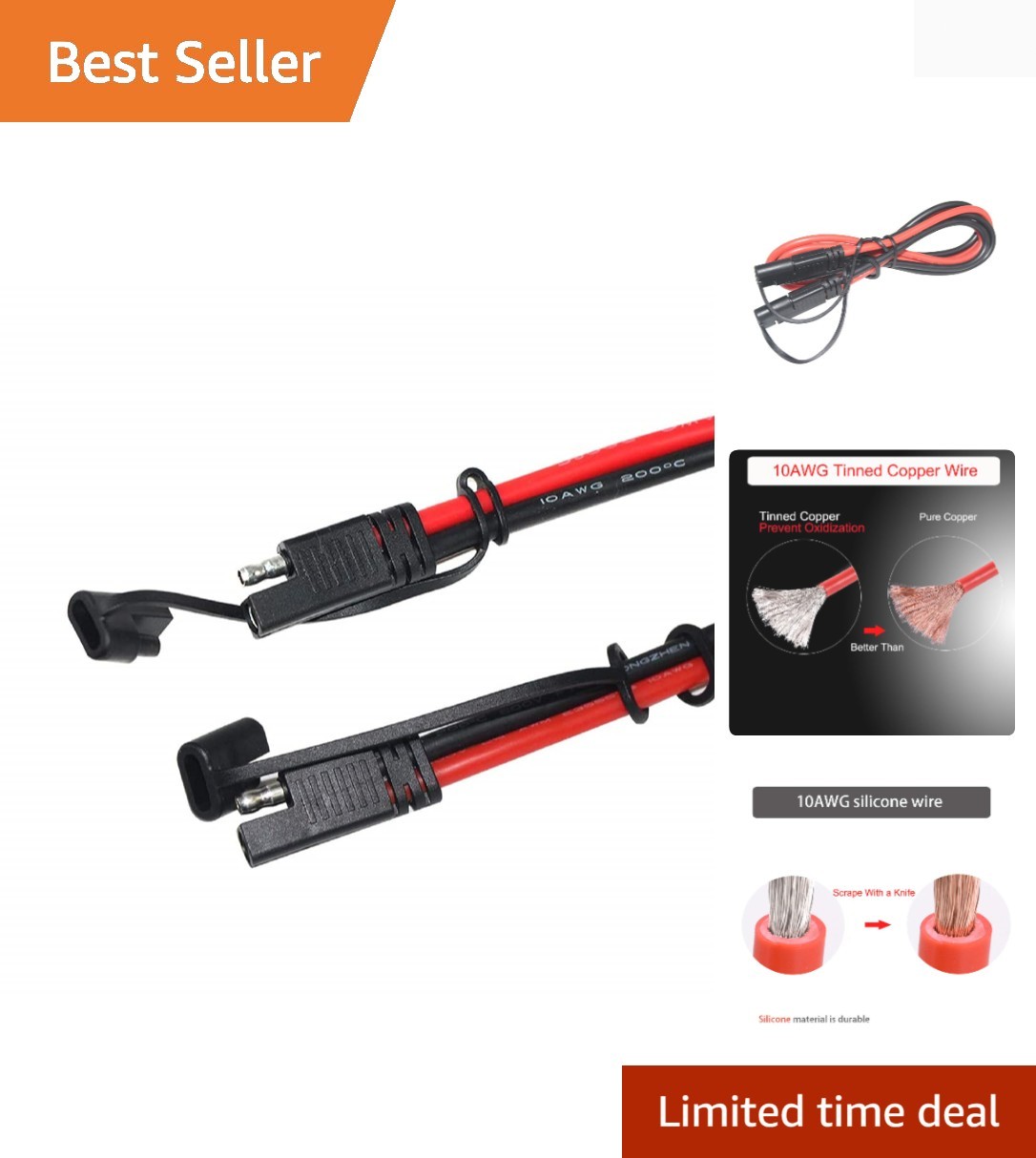 10AWG SAE Extension Cable – 3FT Power Cord for Automotive Battery Maintenance