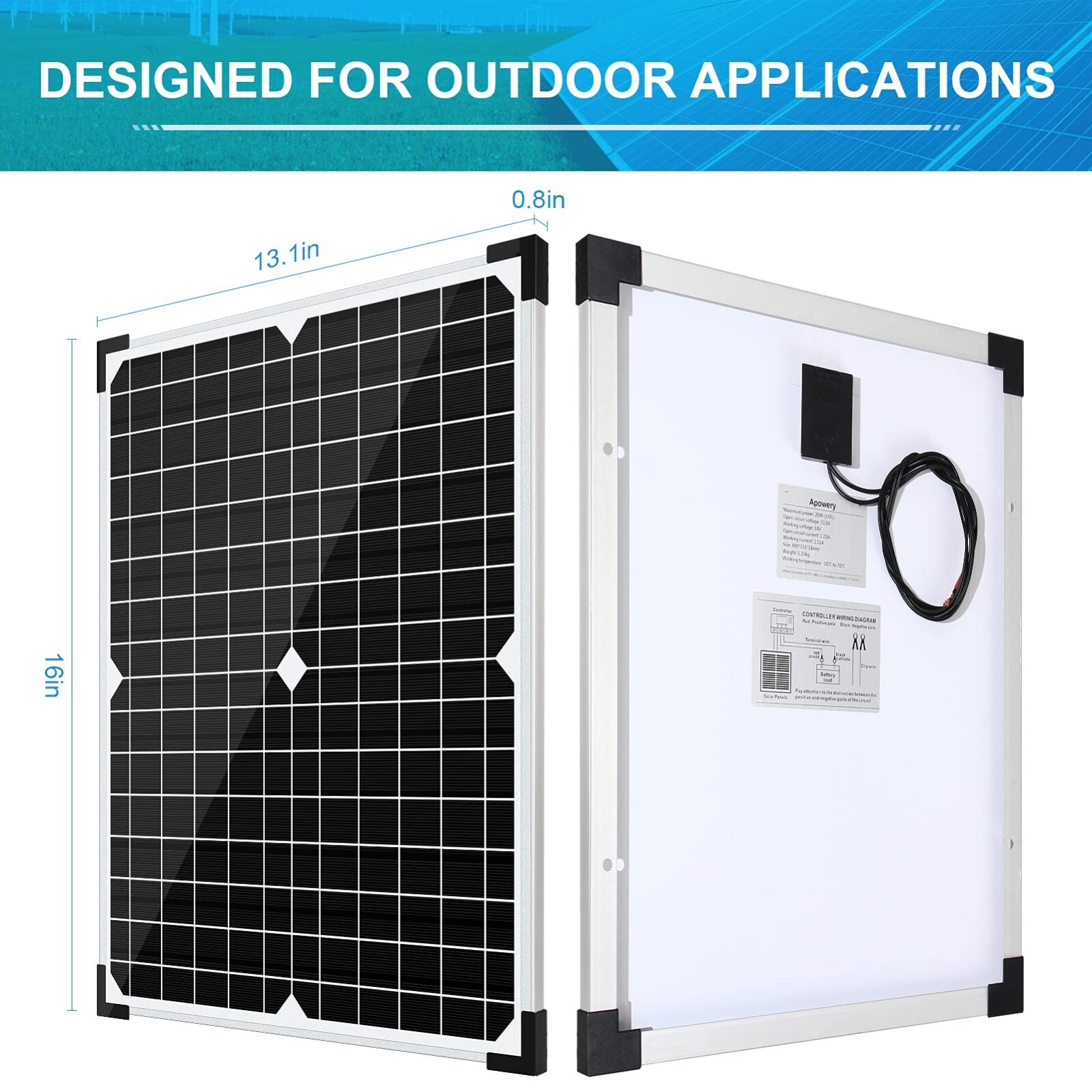 20W 12 Volt Battery Charger Solar Powered Panel for Car Dump Trailer Boat Marine