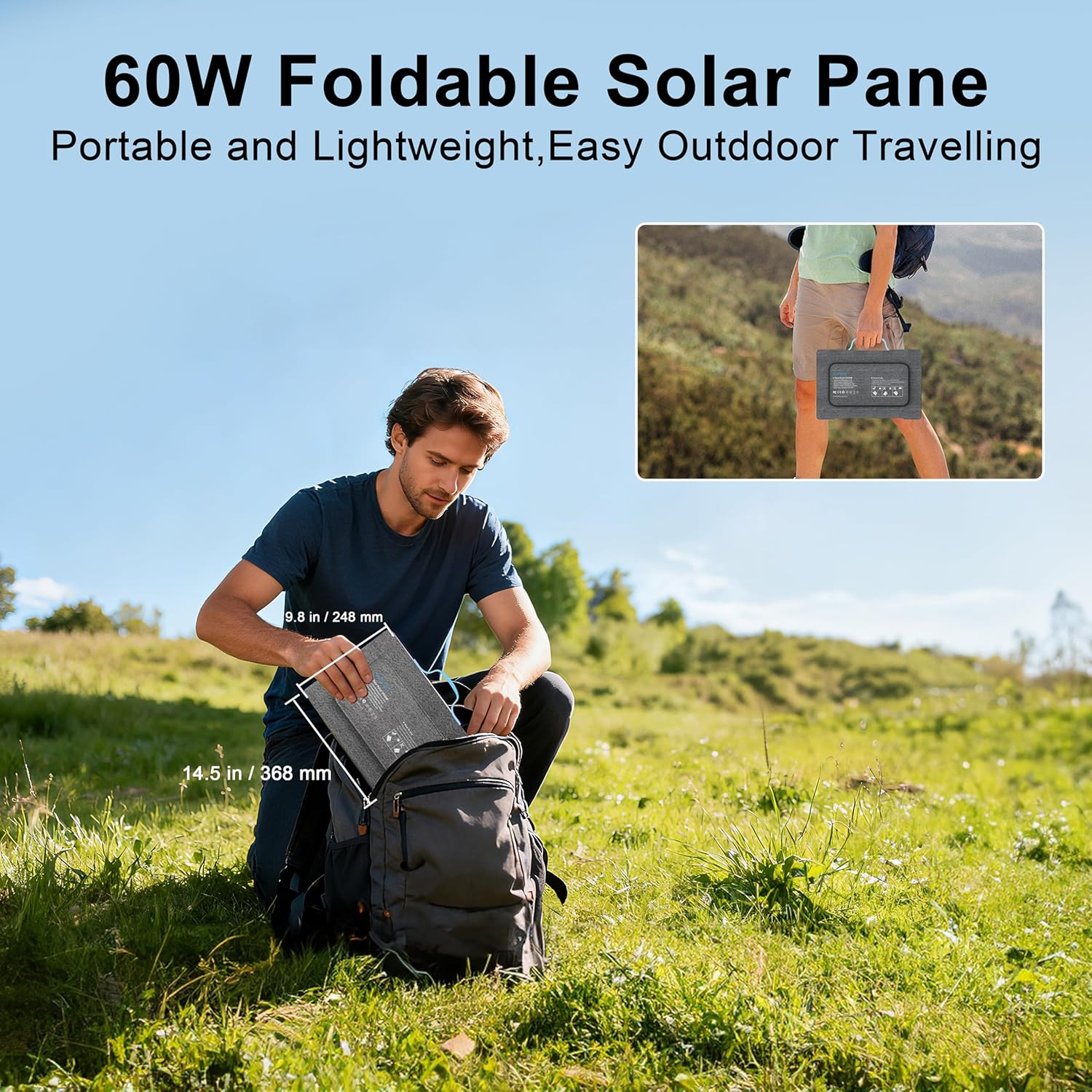 60W Portable Solar Panel Charger with USB-C, USB-A Outputs for Camping