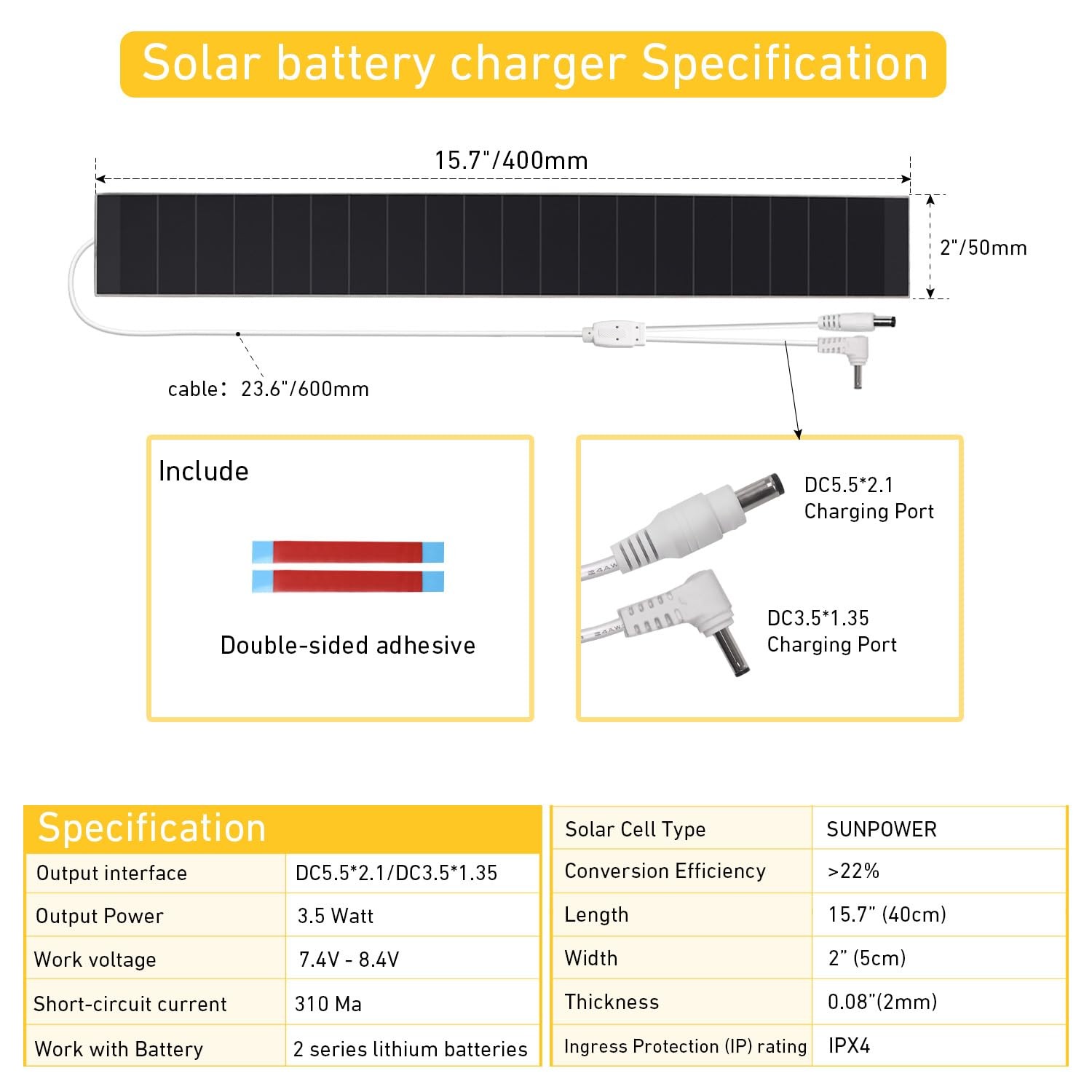 8.4V Solar Panel Charger for Motorized Roller Shades – 3.5W / 11W High Effici…